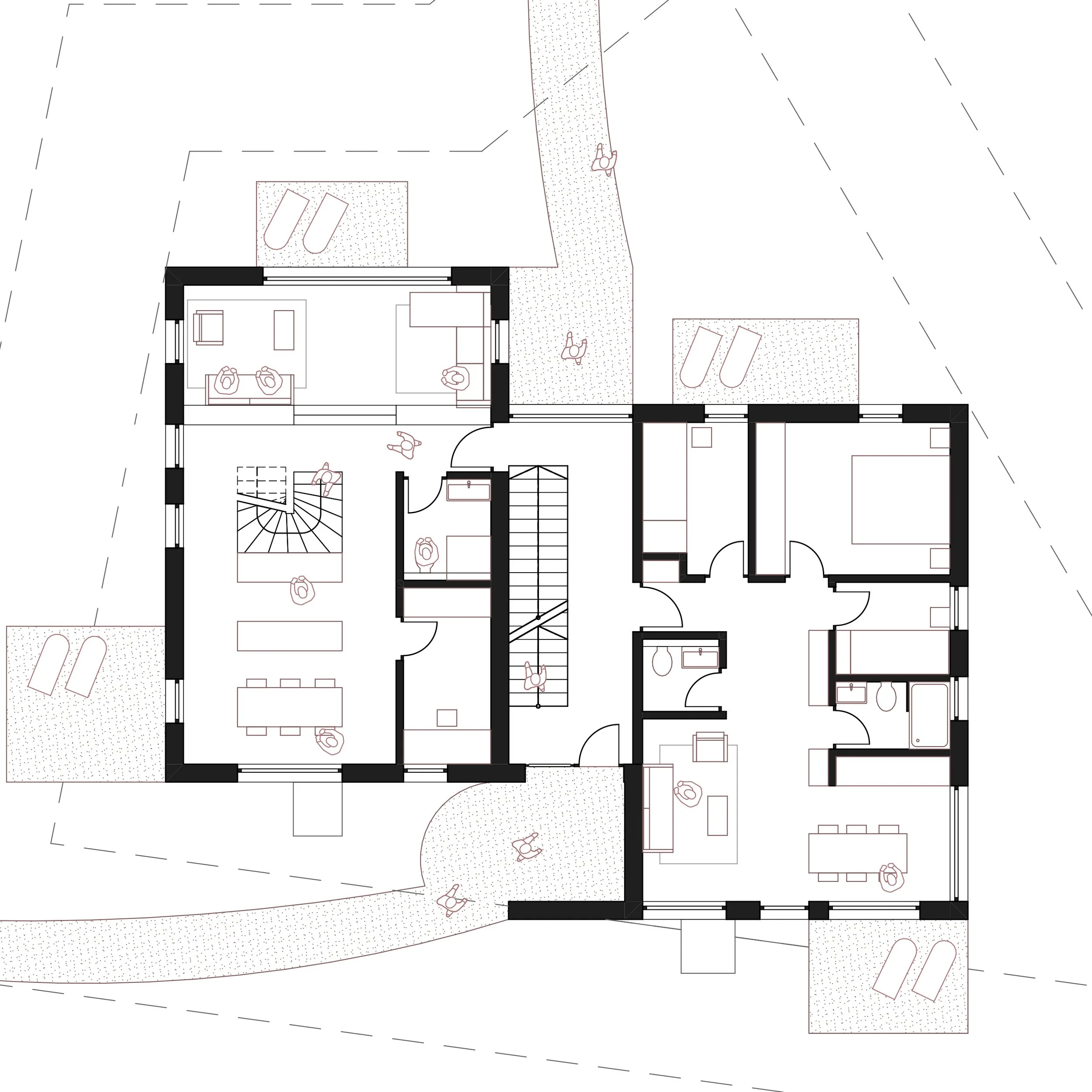 Architekturplan EG: Zweiteiliger Baukörper mit offenem Wohnraum und Schlaf-Trakt, verbunden durch ein zentrales Treppenhaus.