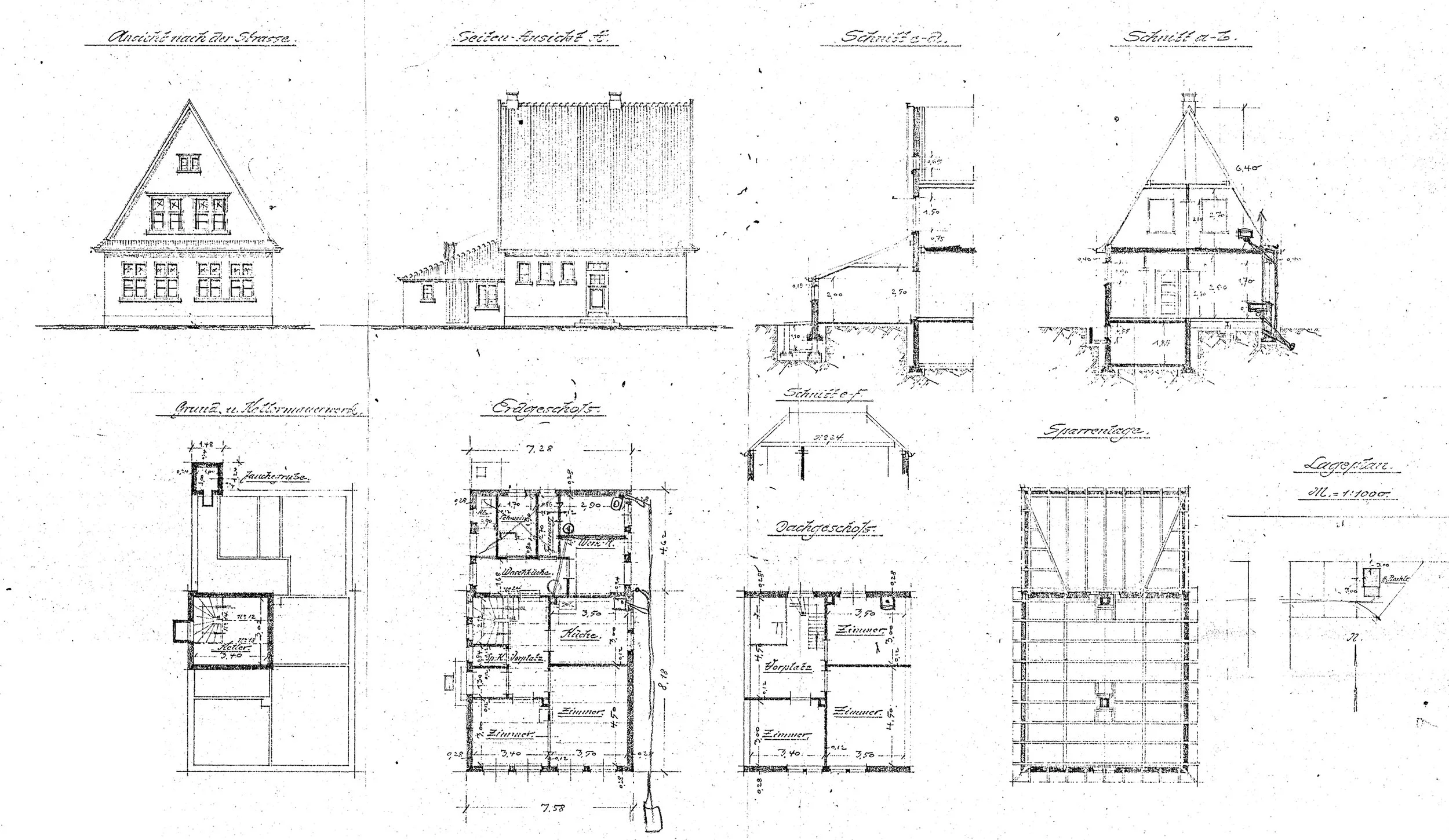 Historische Bauzeichnung von 1926: Original Grundrisse, Ansichten und Schnitte des Siedlungshauses.