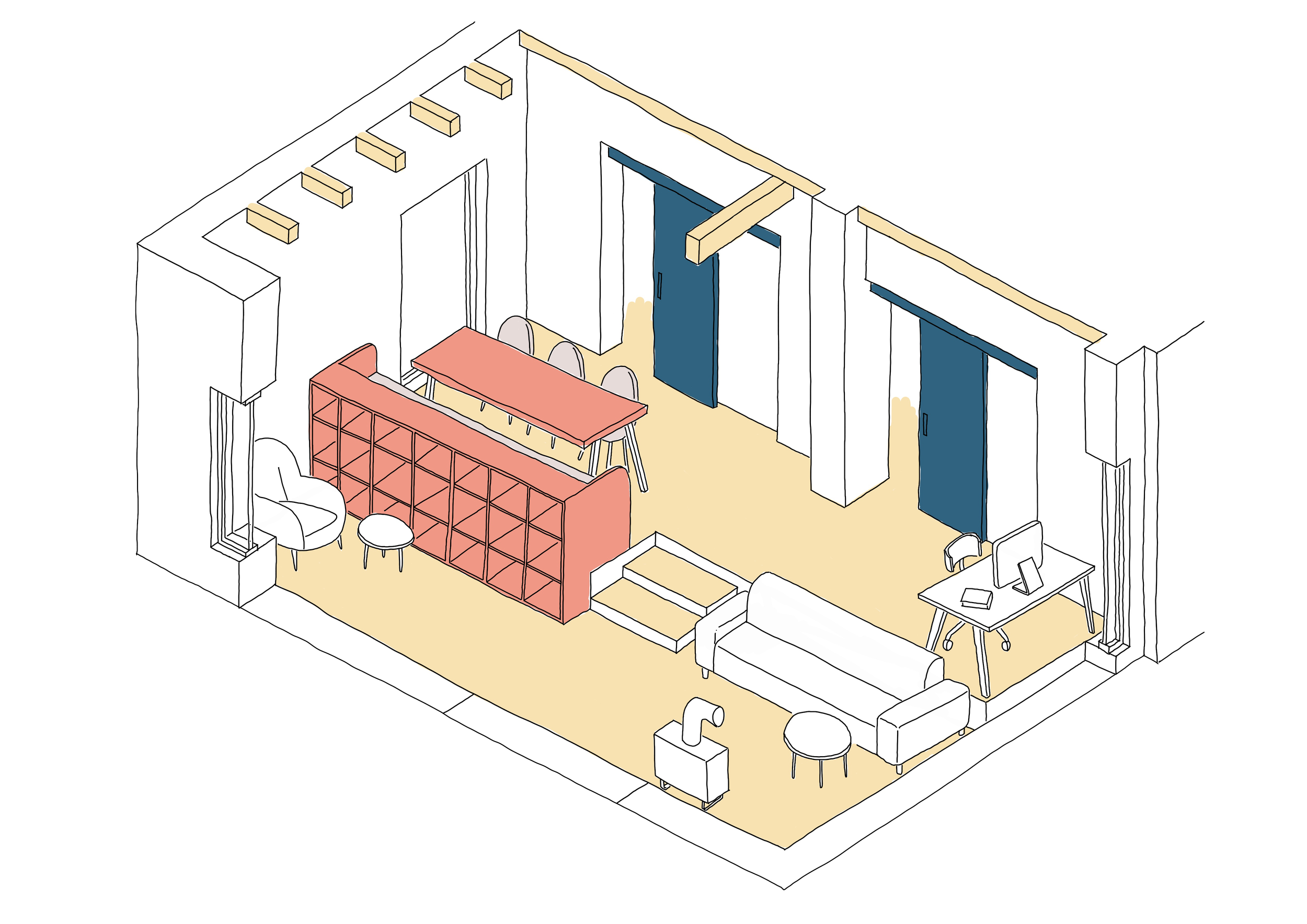 Architektur-Isometrie: Offener Wohn- und Essbereich mit Split-Level und zentralem Raumteiler-Regal.