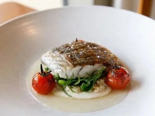 A plated dish with a fillet of cooked fish, cherry tomatoes, green herbs, and a creamy sauce in a white bowl.