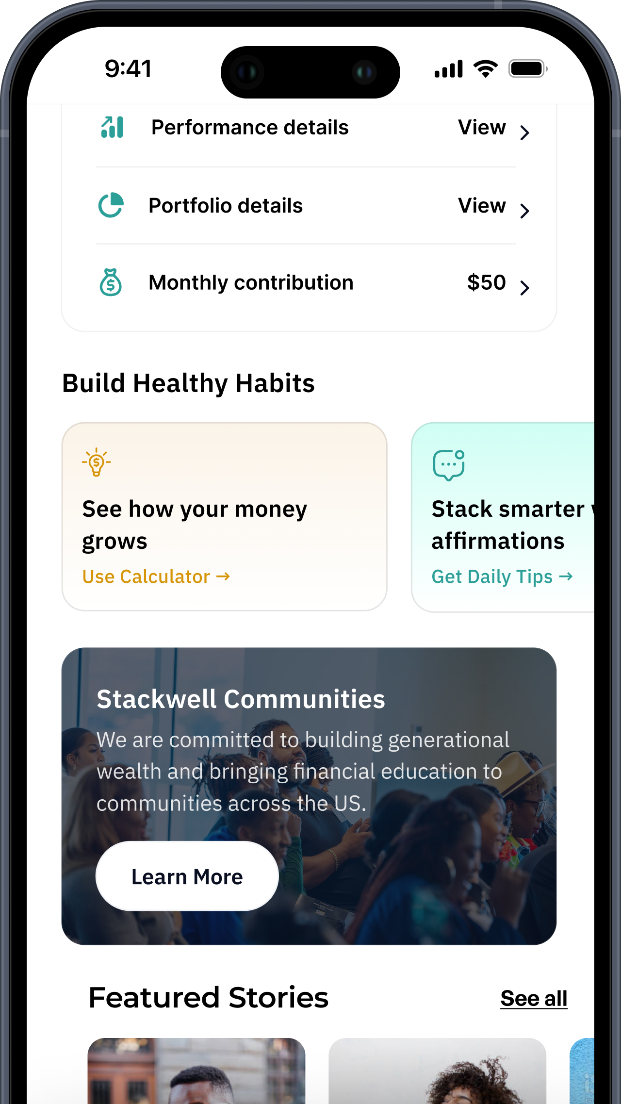 Mobile phone screen displaying a financial wellness app with sections for building healthy habits, community engagement, and featured stories.