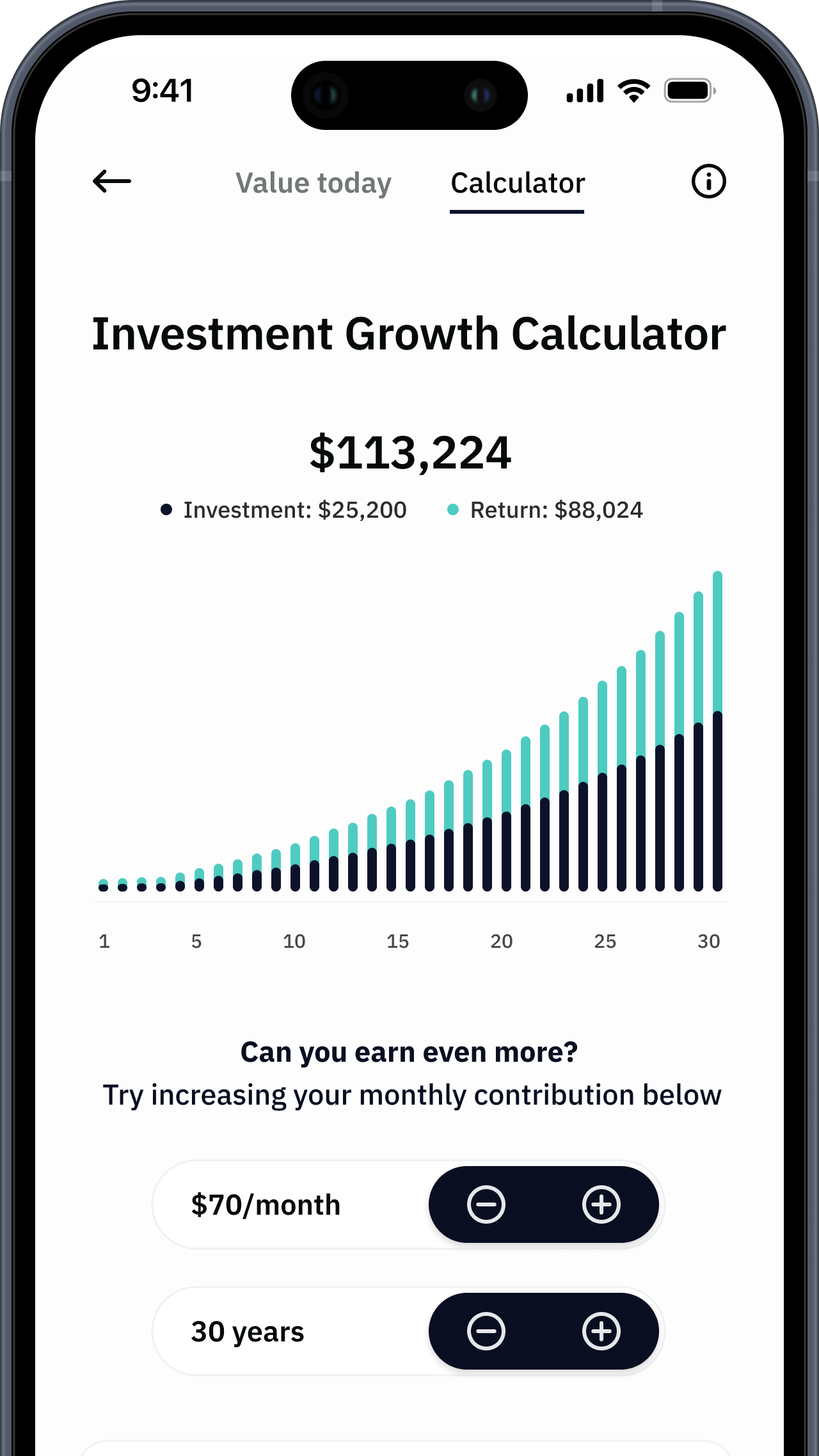 Mobile phone screen displaying a financial education app with sections about building healthy habits, community stories, and featured stories.