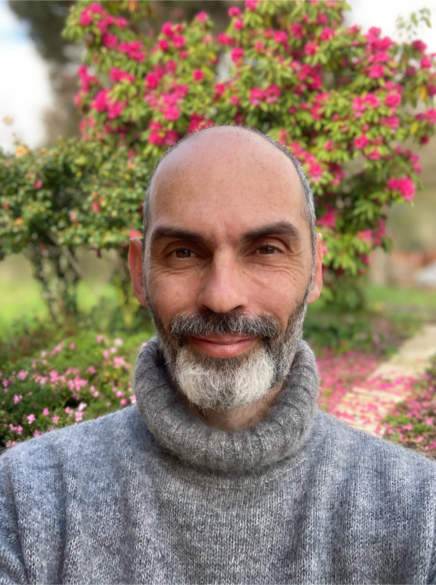 A man with a salt and pepper beard and mustache wearing a gray turtleneck sweater, standing outdoors in front of a flowering pink and green bush.