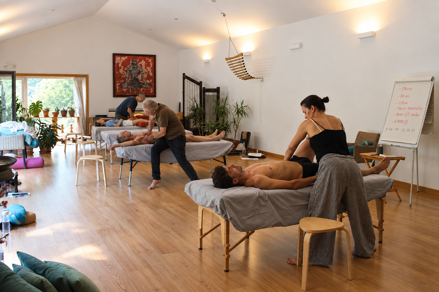 People receiving massage therapy in a bright, airy studio with wooden floors and potted plants, with a woman in striped pants massaging a shirtless man lying on a massage table.