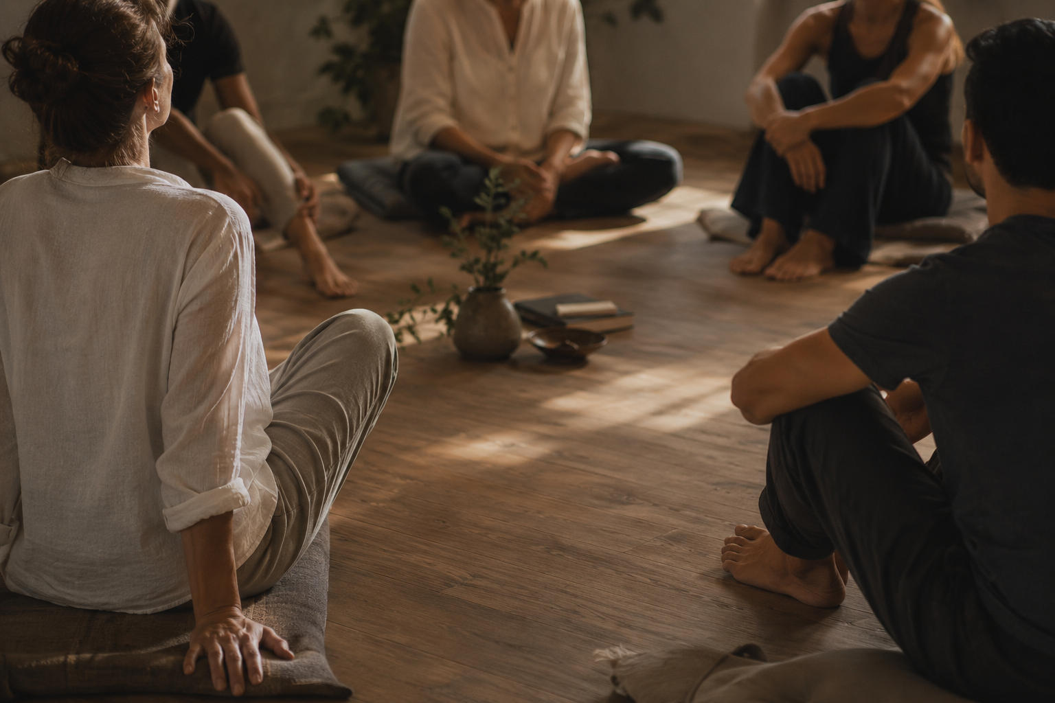 Group of people sitting cross-legged on the floor during a meditation or yoga session in a dimly lit room with wooden flooring and potted plants.