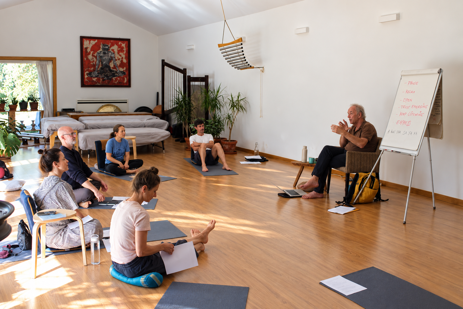 A group of people attending a yoga or meditation class in a bright, spacious room with wooden floors and plants. The instructor is seated and gesturing, with a whiteboard beside him displaying notes.