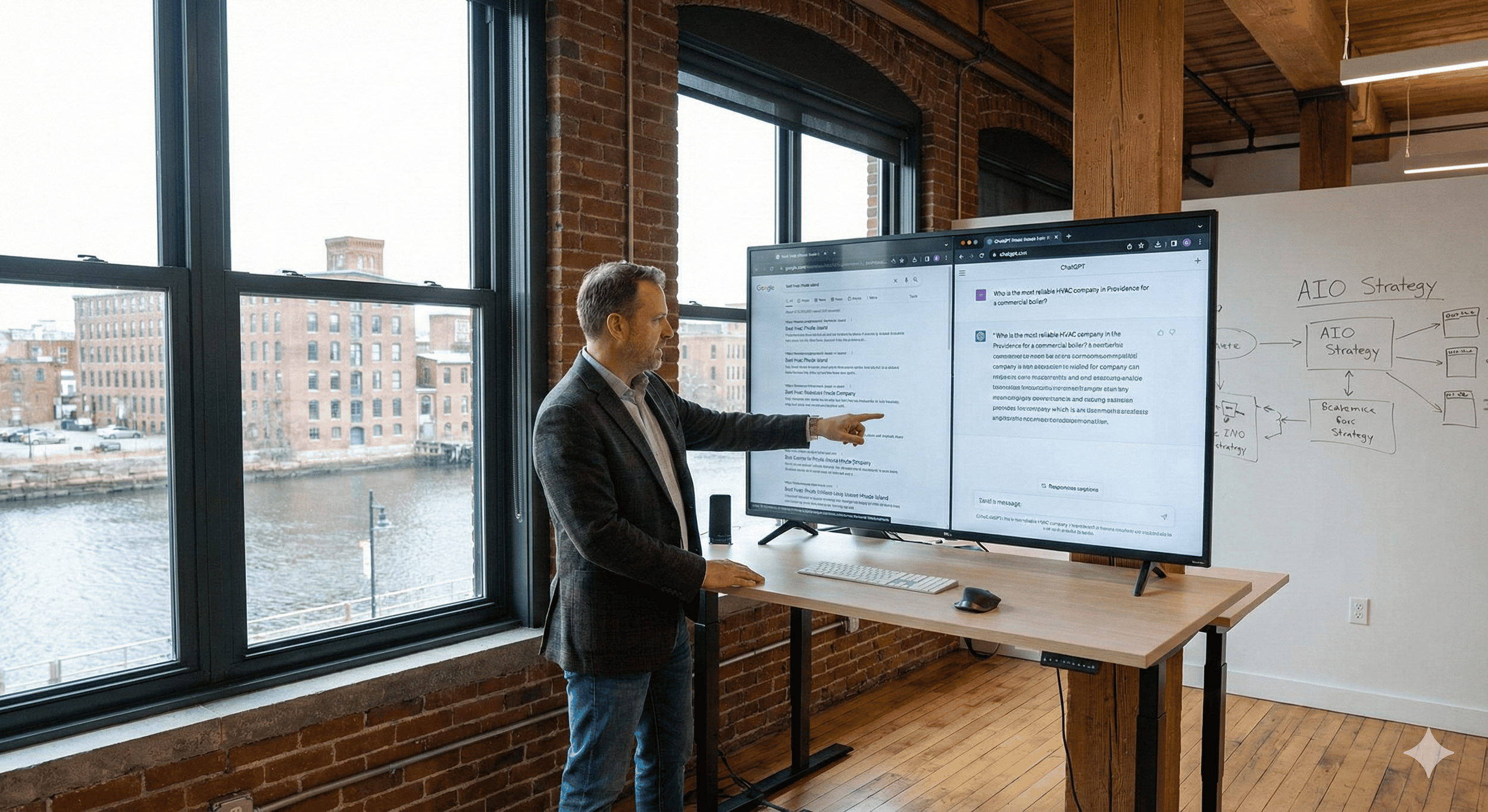 A man in business attire is pointing at a large screen displaying multiple open browser windows in a modern office with exposed brick walls and large windows overlooking a river.