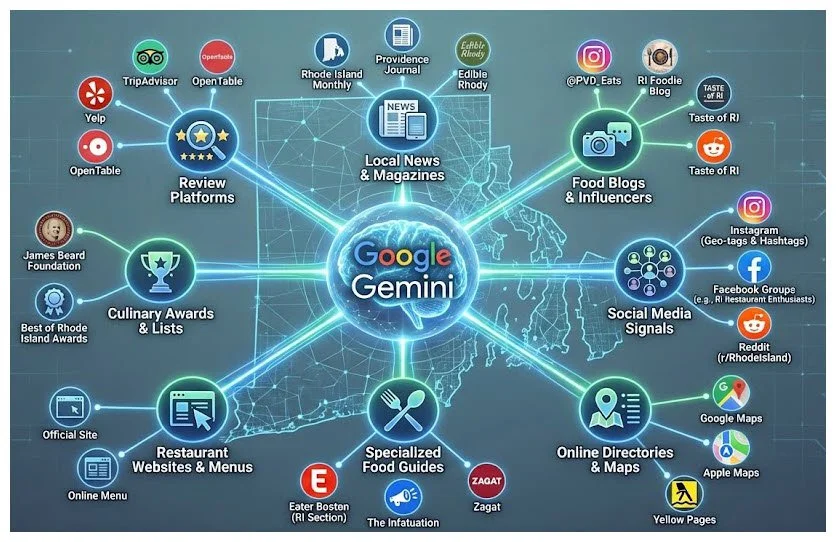 Diagram of how AI Fanout works showing Google Gemini interconnected areas including review platforms, culinary awards, local news, food blogs, social media, maps, and directories for local SEO.