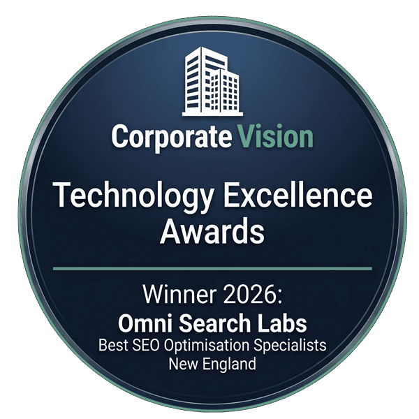 Award badge with a city building icon at the top, text reading 'Corporate Vision' in green, 'Technology Excellence Awards' in bold, and 'Winner 2026: Omni Search Labs, Best SEO Optimisation Specialists, New England' on a dark blue background with tec