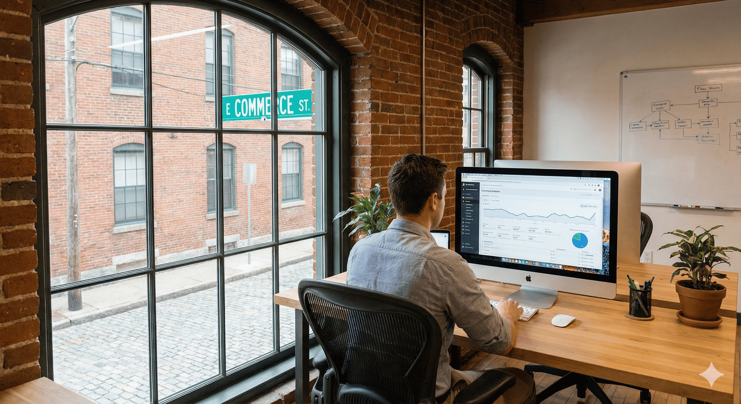 A virtual e-commerce SEO specialist at Rhode Island's Omni Search Labs, working at a computer in an office with brick walls and large windows overlooking a brick building on E Commerce Street.