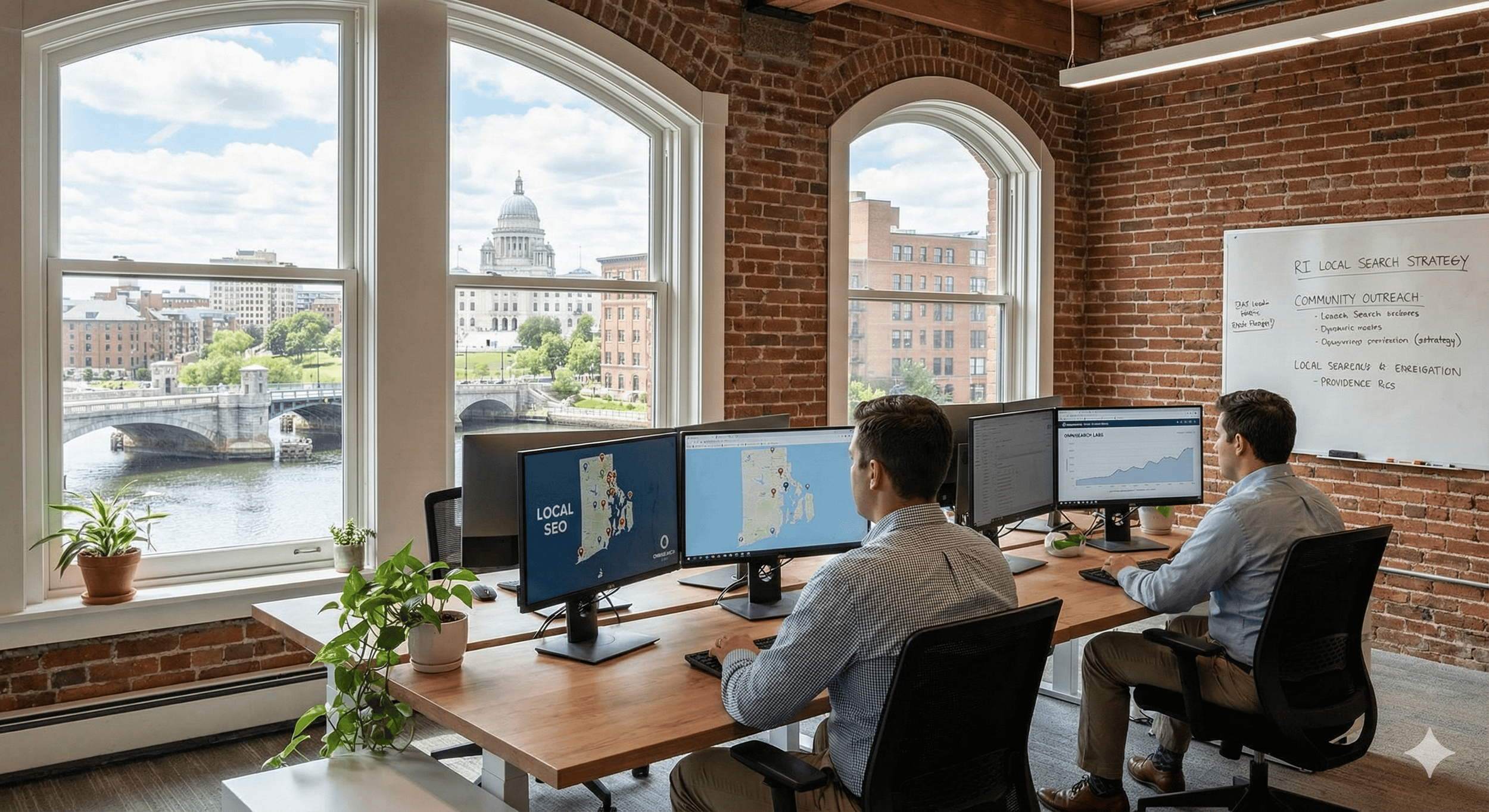 Two virtual Rhode Island Local SEO specialists at Omni Search Labs at desks with multiple computer monitors in an office with exposed brick walls and large windows showing a Providence Rhode Island cityscape.