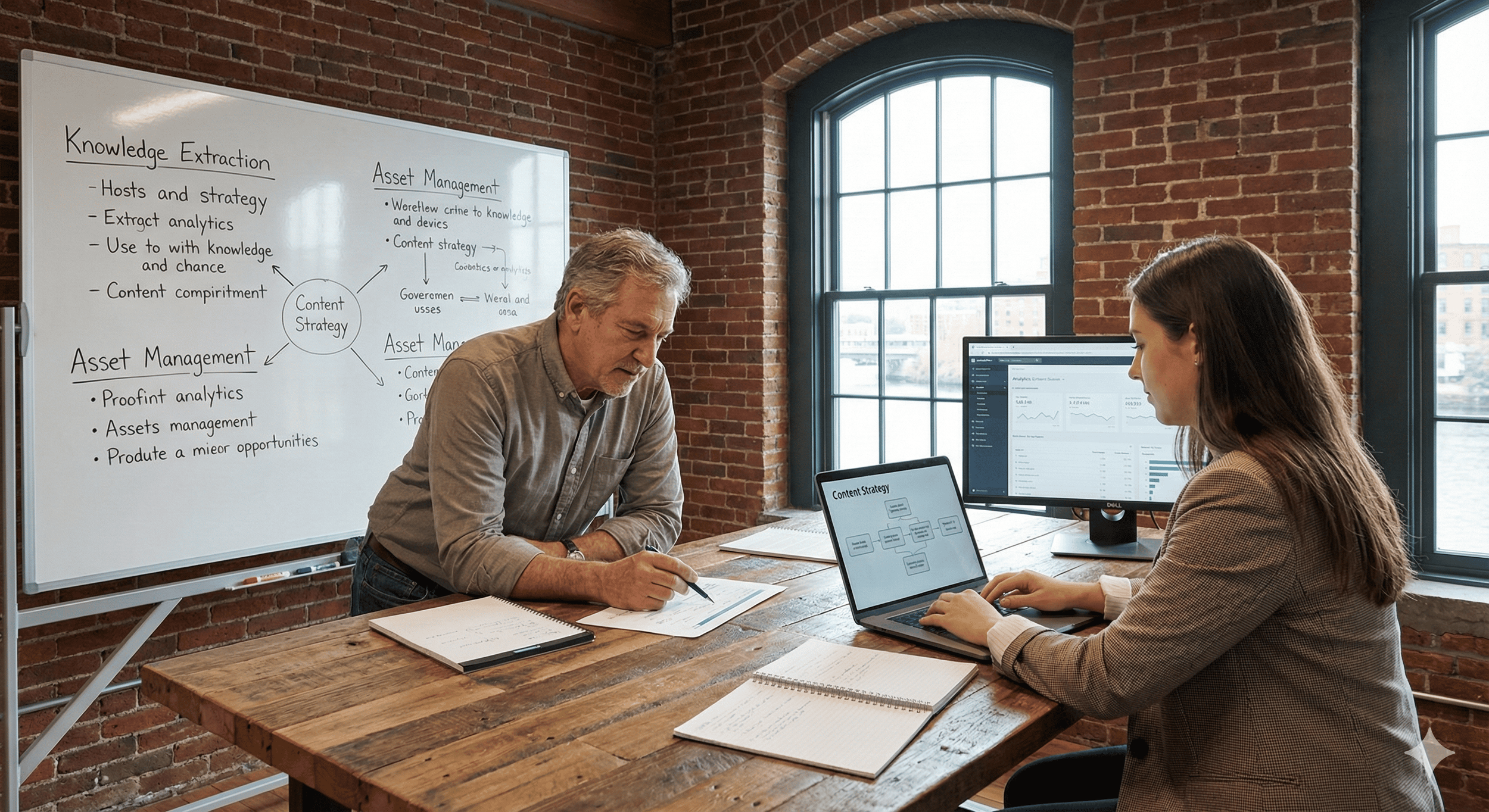 Two virtual Rhode Island SEvO professionals at Omni Search Labs, an older man and a younger woman, working together in a meeting room with a whiteboard and computer monitors, discussing content strategy.