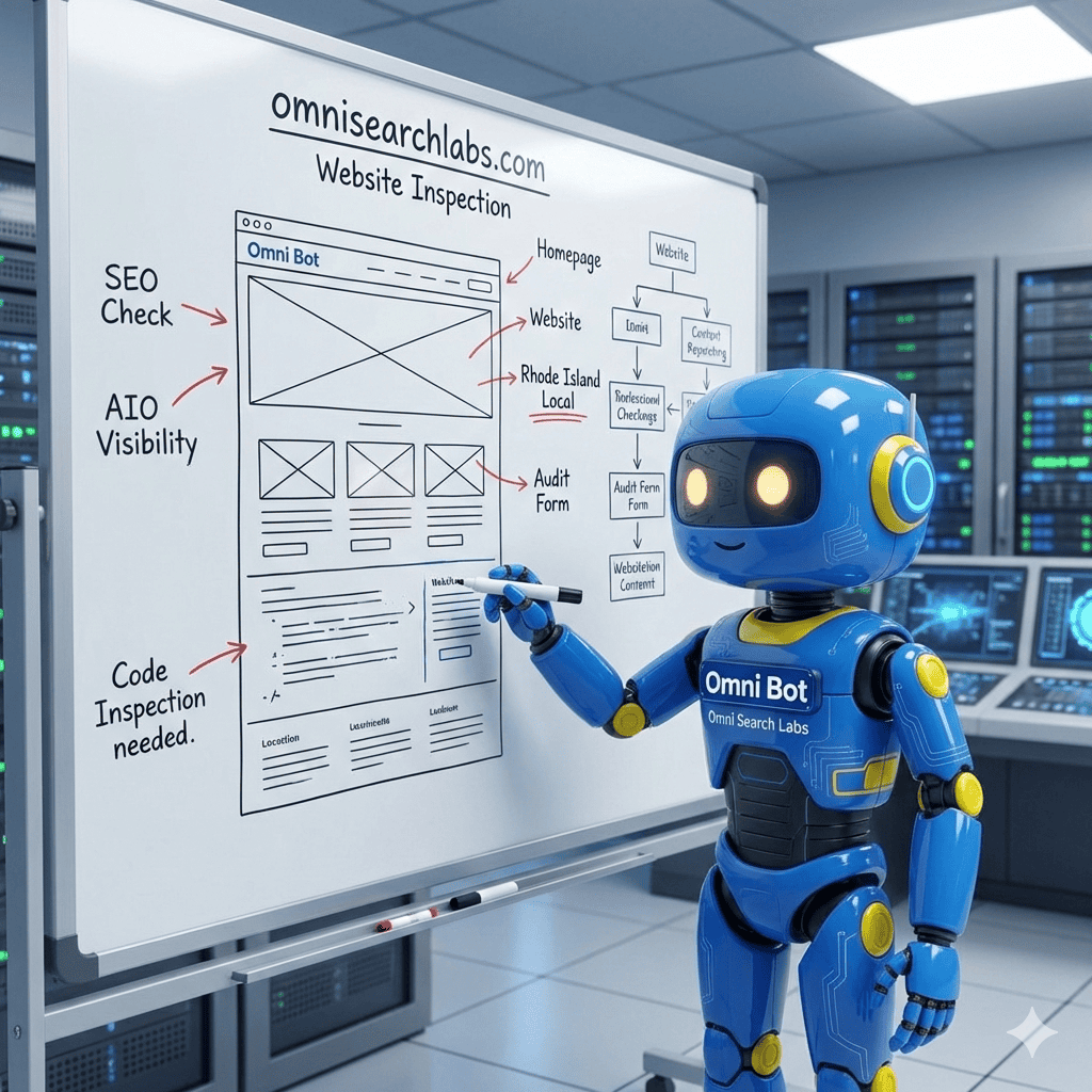 A blue robot labeled 'Omni Bot' from Omni Search Labs, standing in front of a whiteboard with a website inspection diagram, pointing at it with a marker. The whiteboard contains notes and a flowchart about website SEO, visibility, and code inspection.