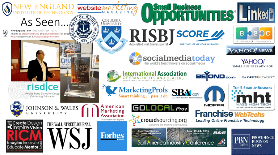 Collage of logos from various business, education, media, and technology organizations, including Rhode Island School of Design, LinkedIn, Yahoo, Forbes, Wall Street Journal, and others relating to Chris Sheehy from Omni Search Labs - Rhode Island.