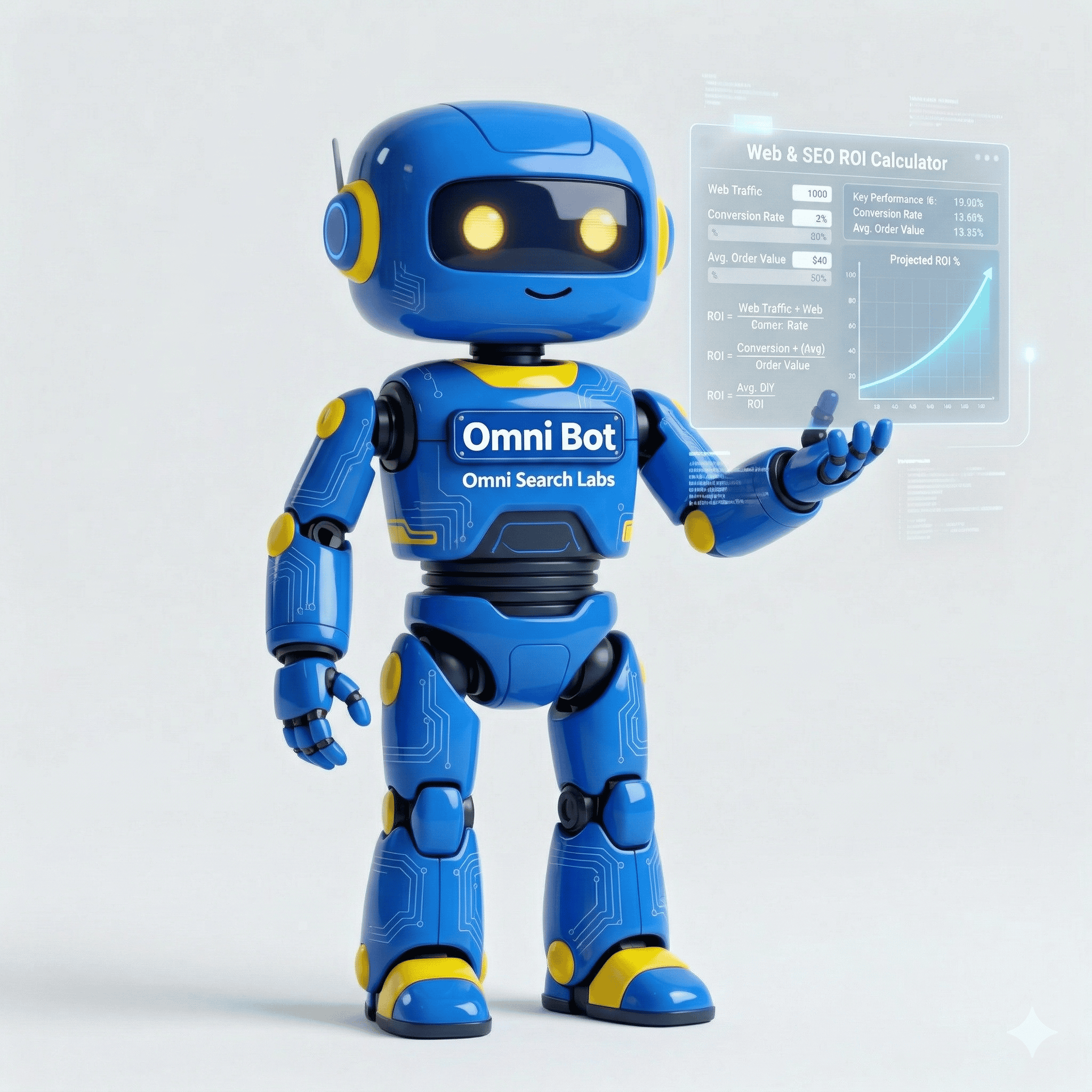 Omni Bot, Omni Search Labs mascot for the Web & SEO/AIO ROI Calculator tool page.