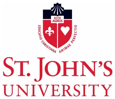 St. John's University logo with a shield featuring a cross, a fleur-de-lis, and a heart, and the motto 'ECCLE AGNUS' and 'EDUCA CHRISTIANA ANIME PERFECTIO'. Published article by Chris Sheehy, Omni Search Labs - contributor