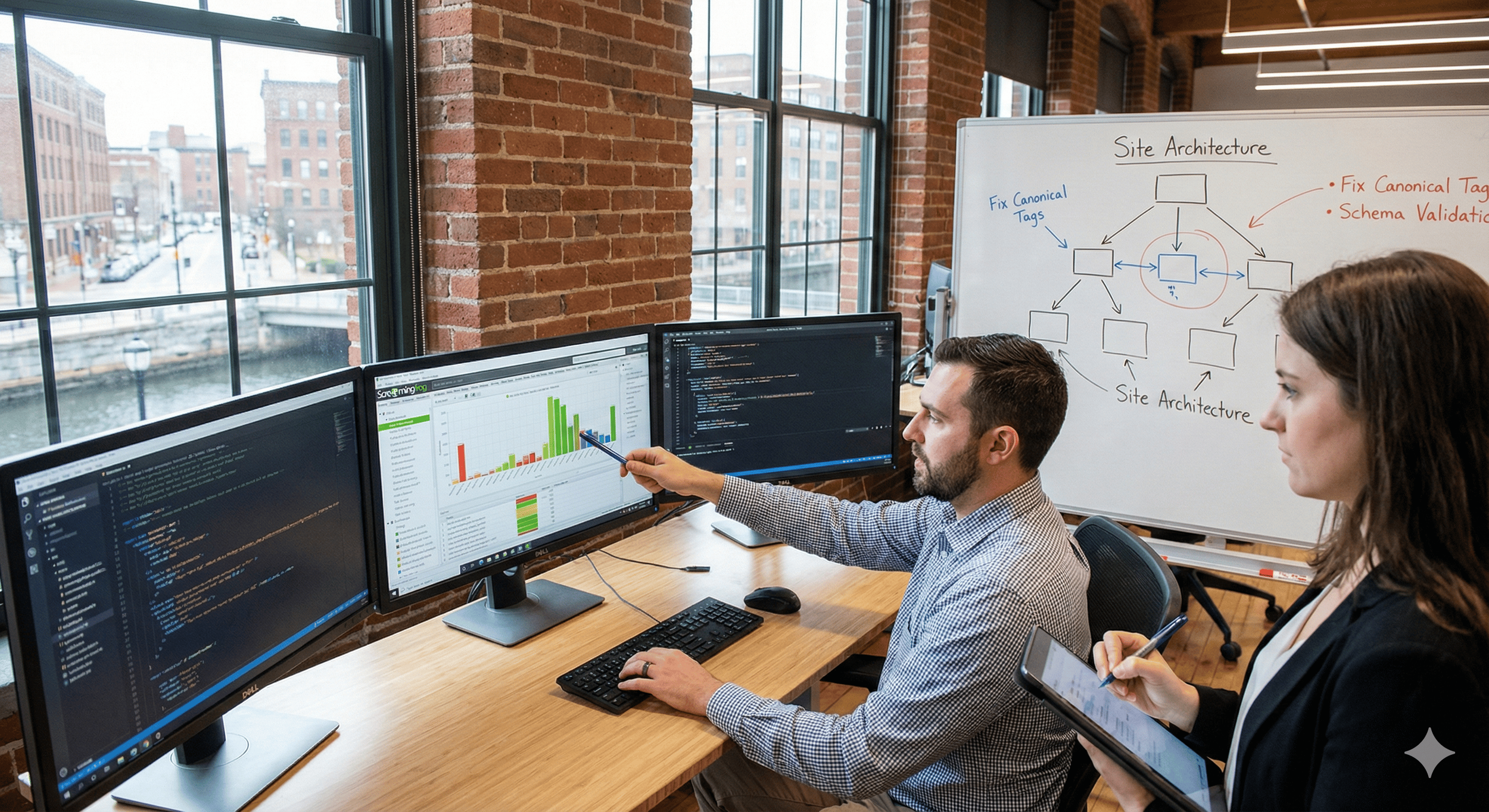 Two virtual technical SEO professionals at Rhode Island's Omni Search Labs, with multiple monitors, one showing a graph, whiteboard with diagrams and notes about site architecture is alsin the background. The office has large windows and brick walls.