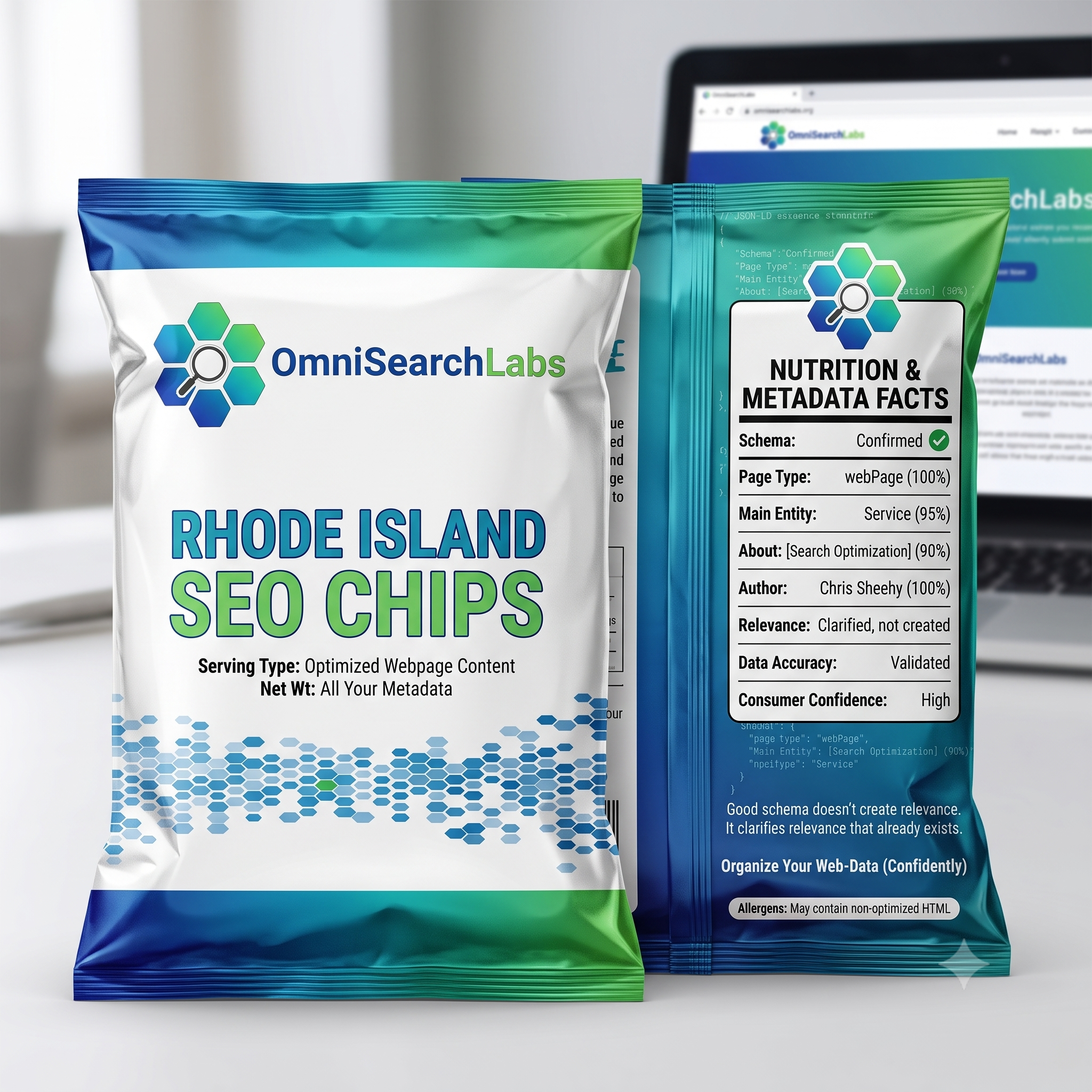 Rhode Island SEO Chips bag with Nutrition and Metadata Facts panel illustrating website schema markup