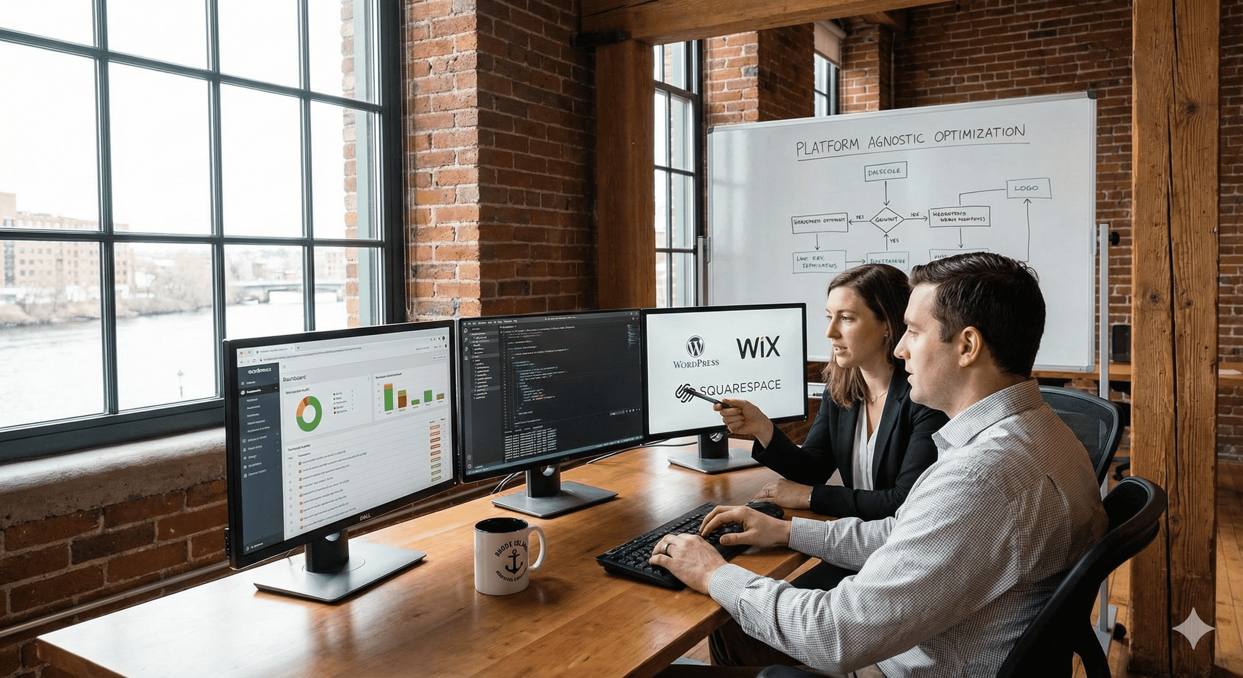 Two people working at a desk with three monitors in an industrial-style office. The monitors display dashboards, code, and website builders. In the background, a whiteboard shows a flowchart titled 'Platform Aesthetic Optimization' with various boxes and arrows.