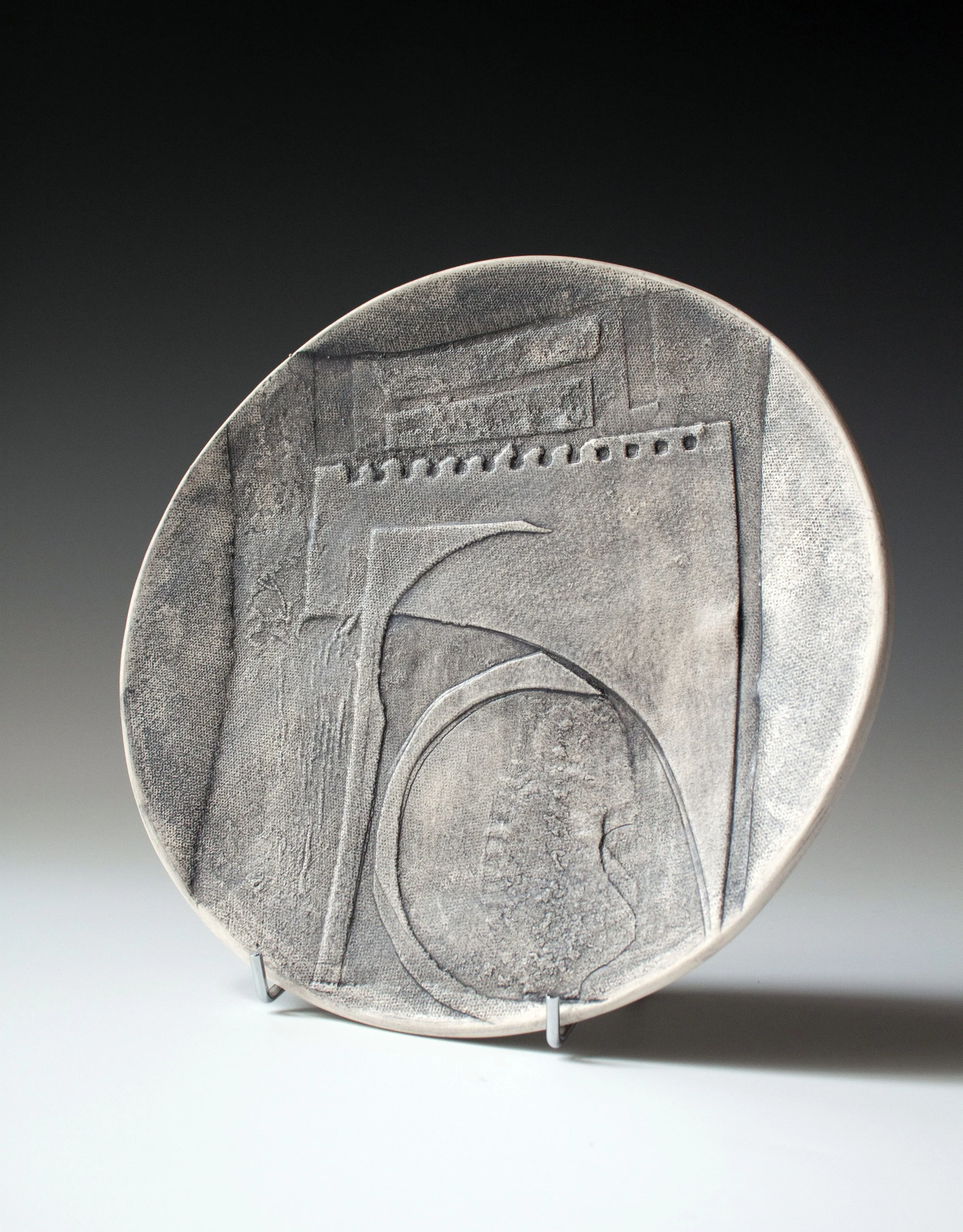 Collaged Surface Medium Ceramic Plate in Grey