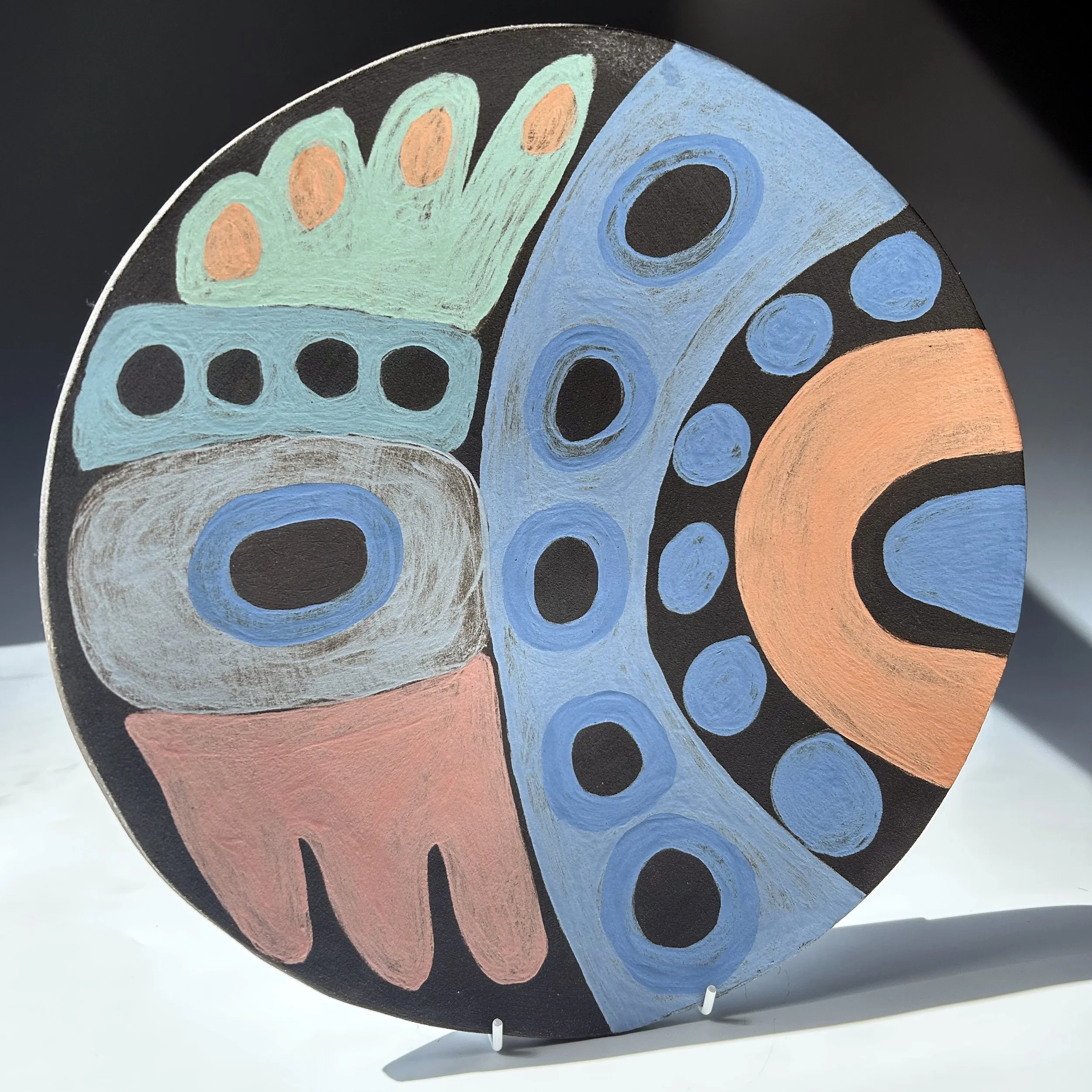 Large Multi Coloured Decorative Dish Black Clay and Underglaze.