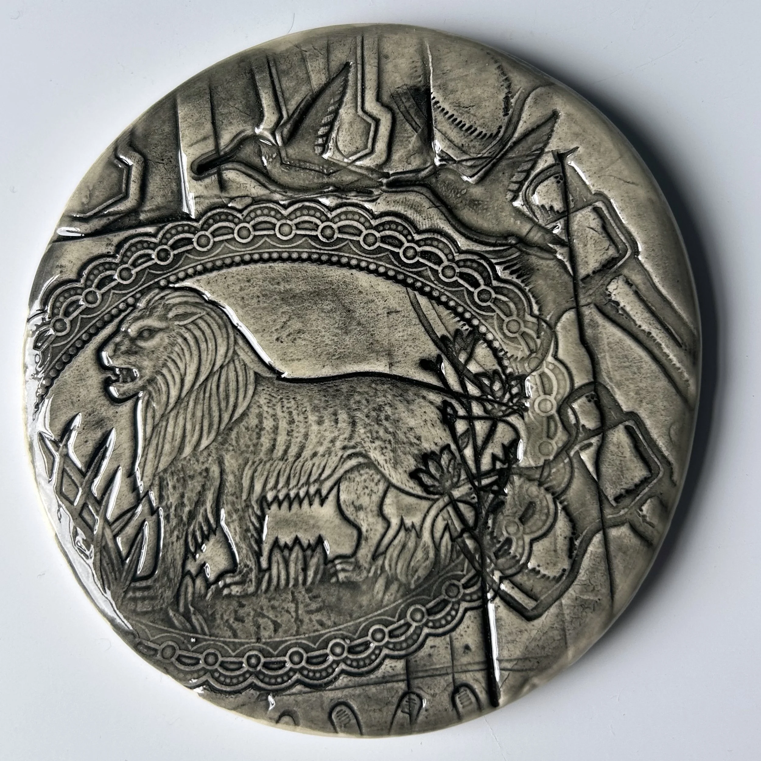 Textured Ceramic Plaque: Lion and Birds