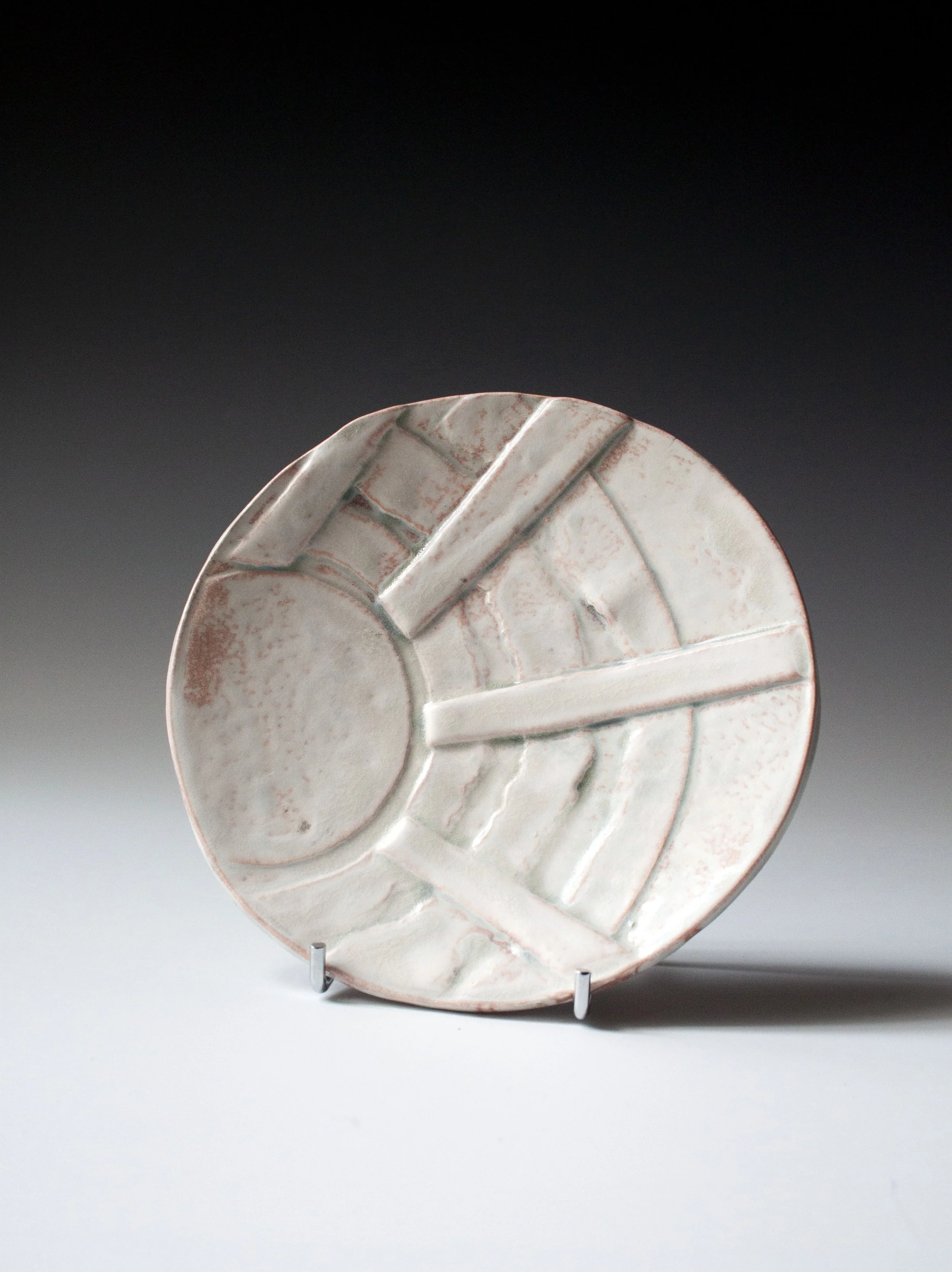 Collaged Surface Small Ceramic Plate in Very Pale Pastel Green/White with Peach Undertones