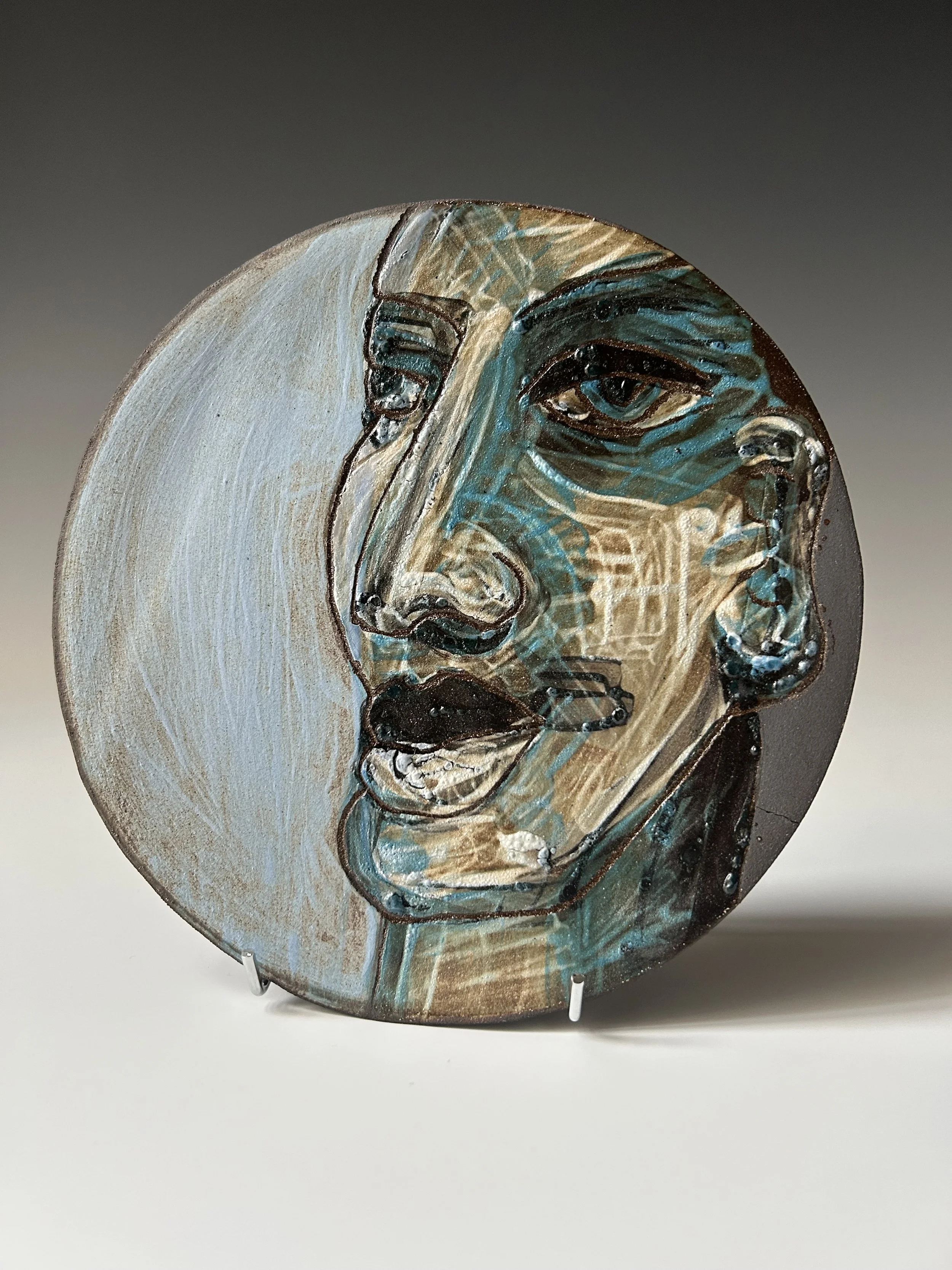 Medium Portrait Plate Blue on Black Clay: 21cm diameter