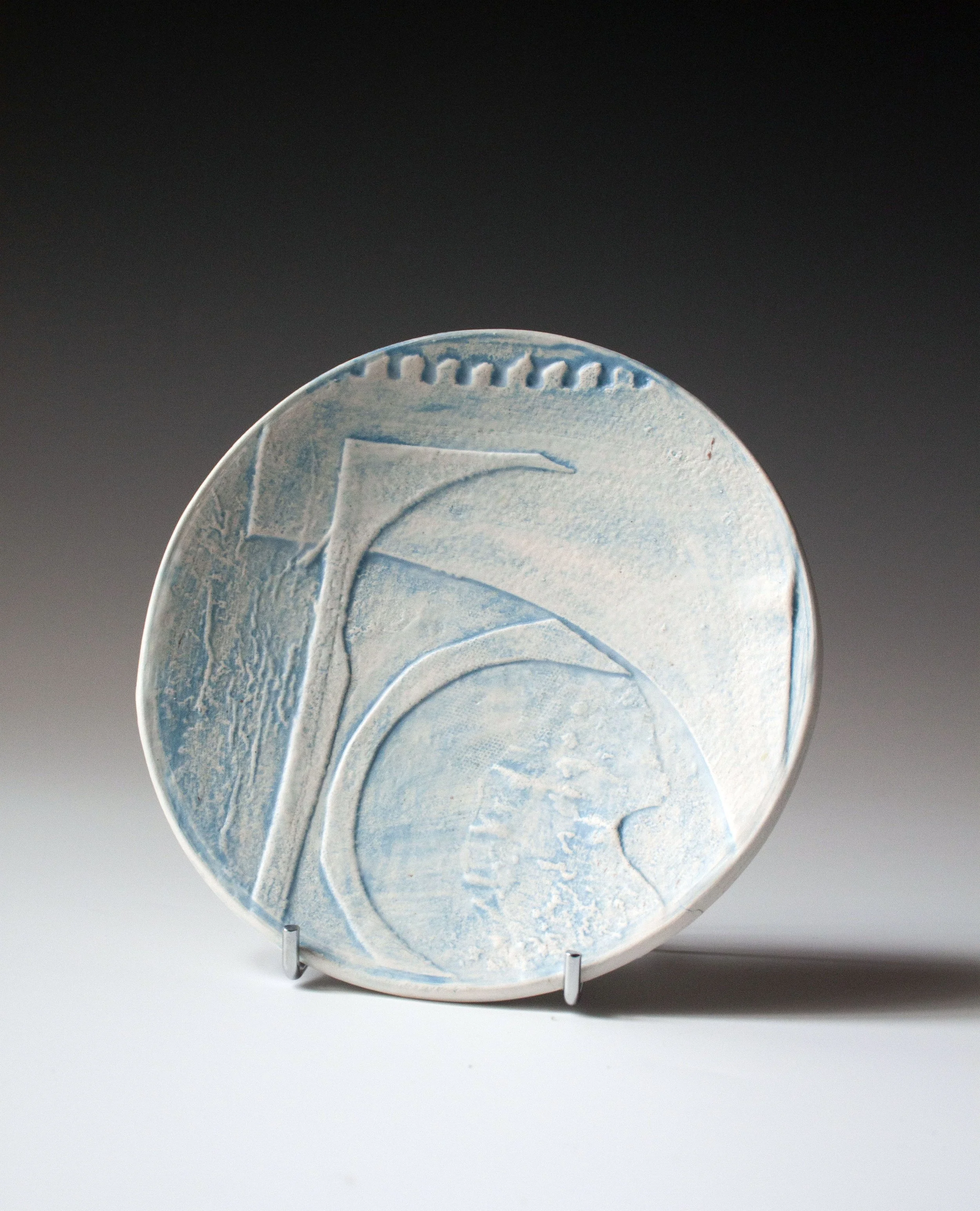 Collaged Surface Small Ceramic Plate in Pale Blue