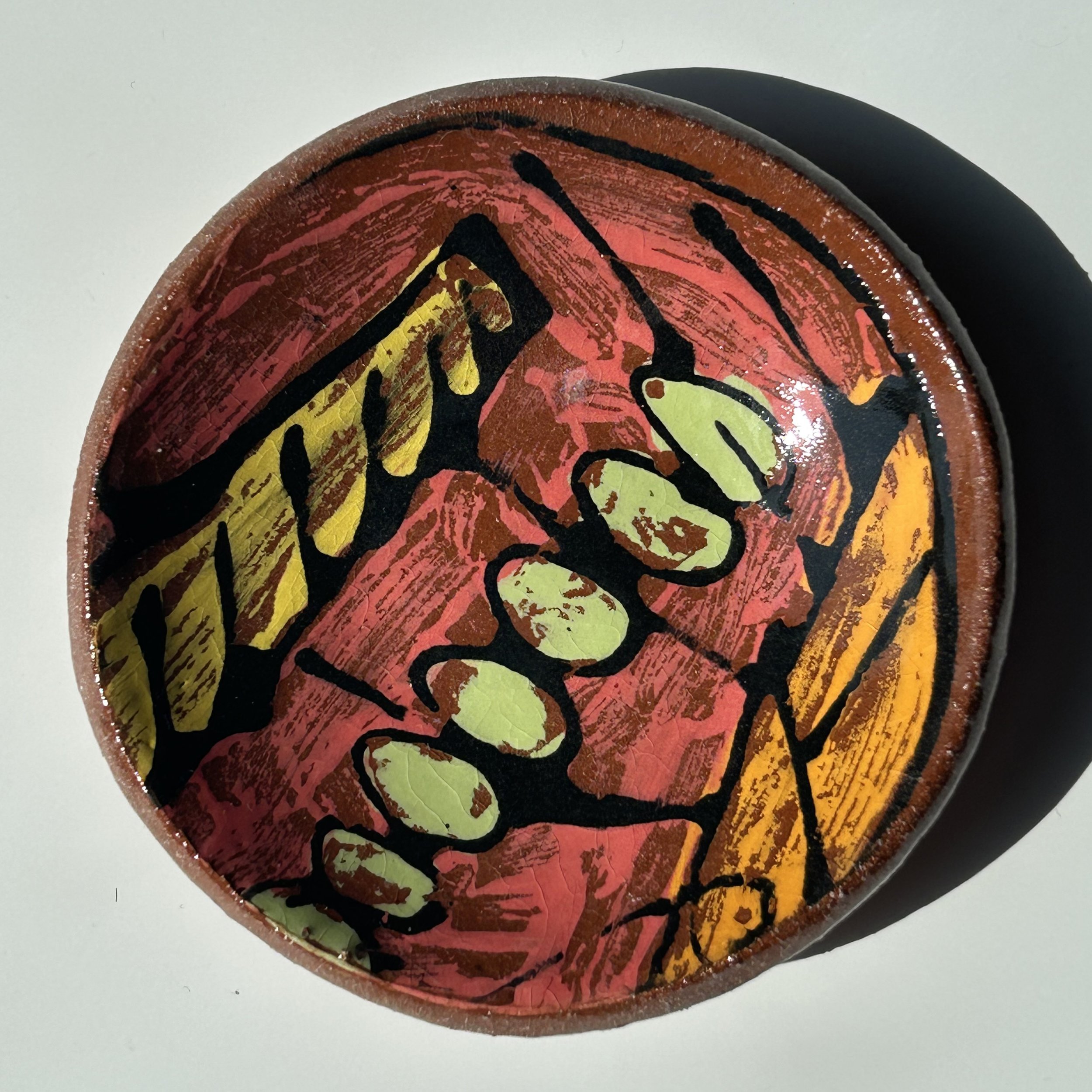Vibrant Terracotta Decorative Dish with Mono Print Surface Deasign.