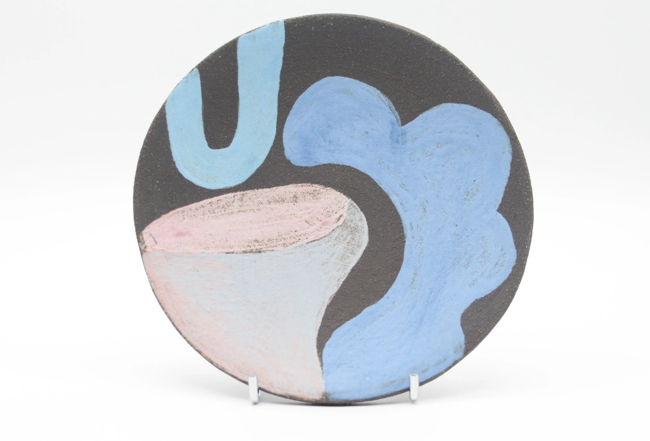 Blue and Pink Decorative Dish Black Clay and Underglaze