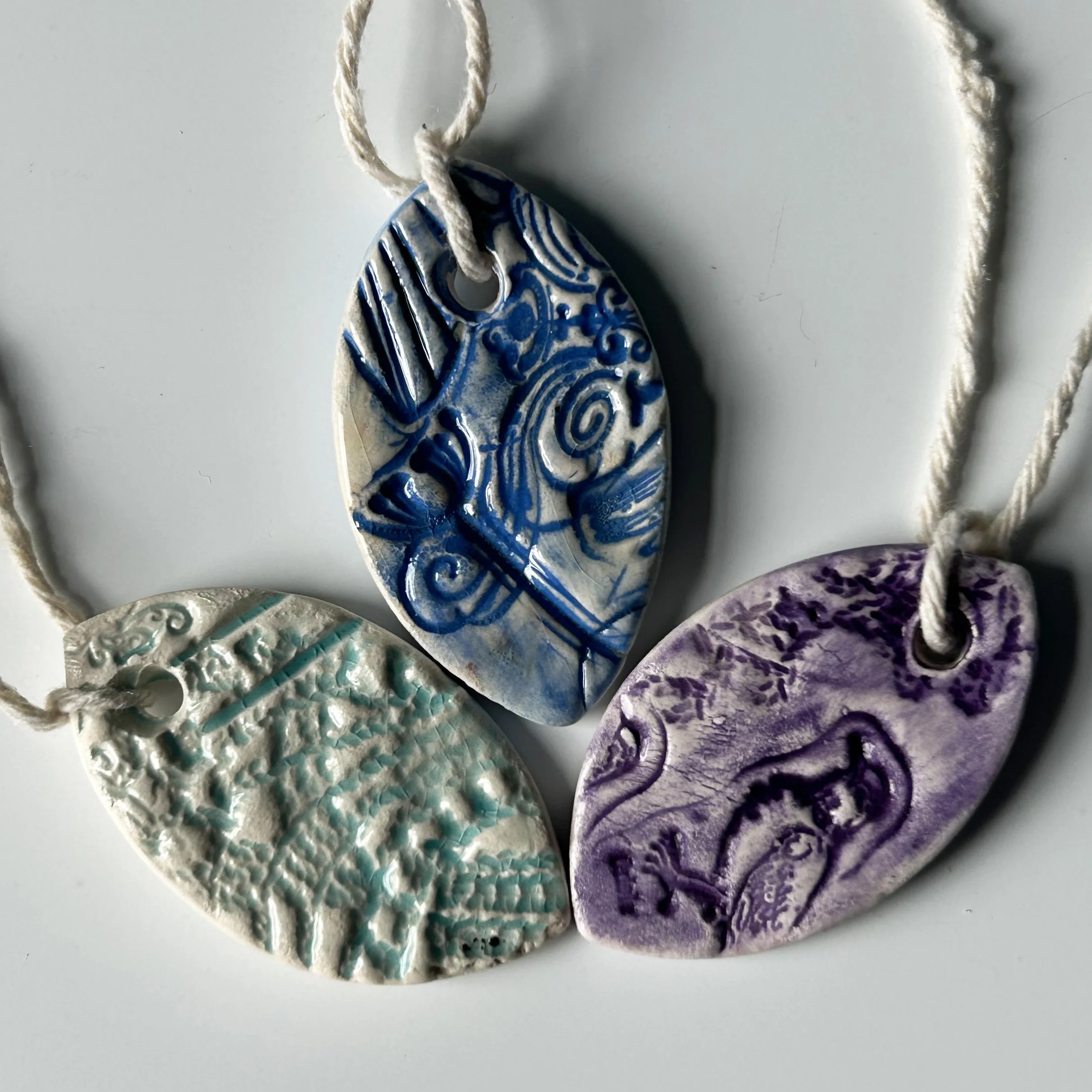 Ceramic Gift Tags Keepsakes Set of 3 Oval Purple, Blue and Green