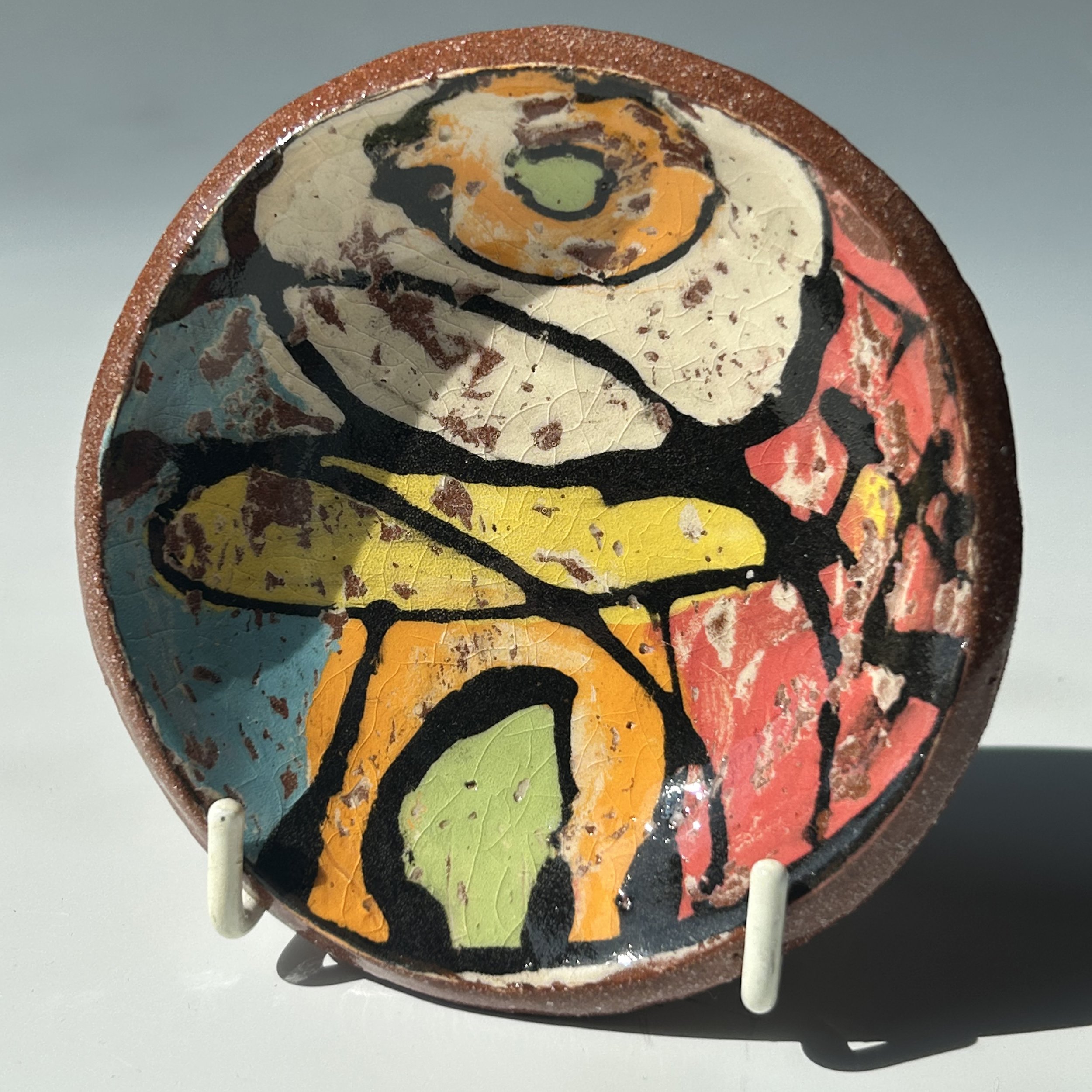 Vibrant Abstract Terracotta Dish, Mono Print Surface Design