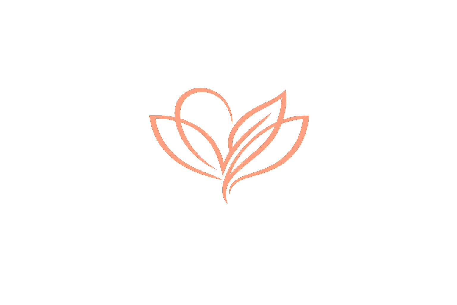 Minimalist logo of a lotus flower with three large petals and two smaller leaves, outlined in coral pink on a black background.