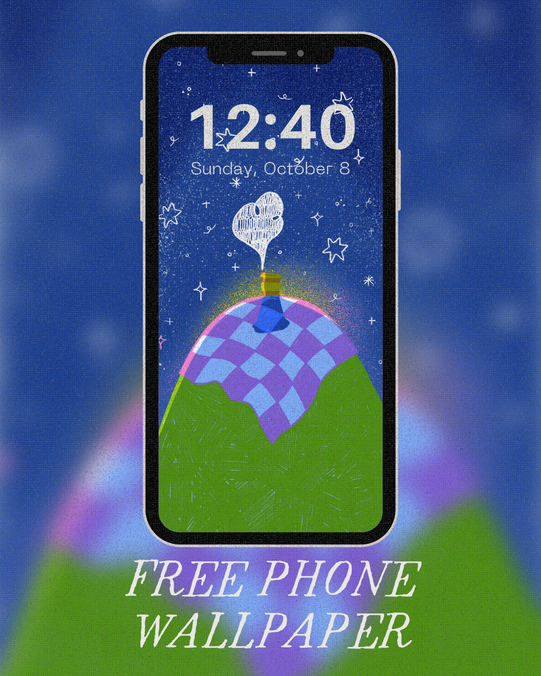 Illustrated phone wallpaper featuring rolling green hills and a purple-and-blue checkerboard hill beneath a deep blue, star-filled sky. A white hand-drawn heart floats above the hill, surrounded by small white stars and doodles.