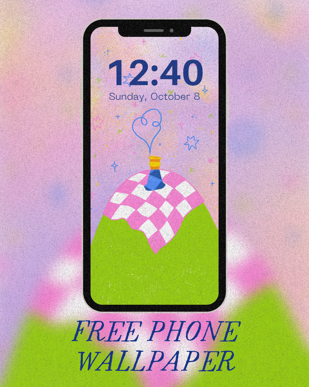 Illustrated phone wallpaper featuring rolling lime-green hills and a pink-and-white checkerboard hill beneath a pale pink sky. A blue outlined heart floats above the hill, surrounded by small colourful stars and doodles.