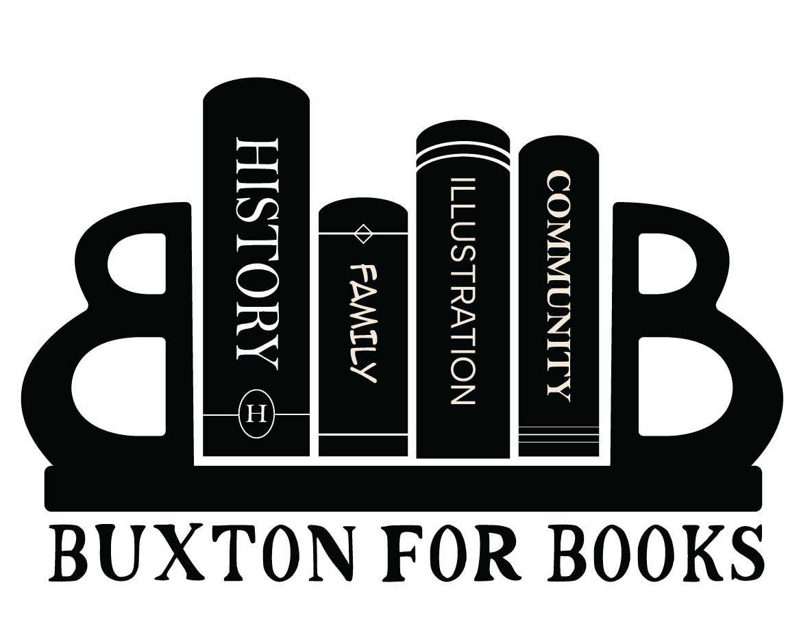 A logo of four vertically stacked books with the titles 'History,' 'Family,' 'Illustation,' and 'Communication,' framed by a blue bookshelf with the words 'Buxton for Books' at the bottom.