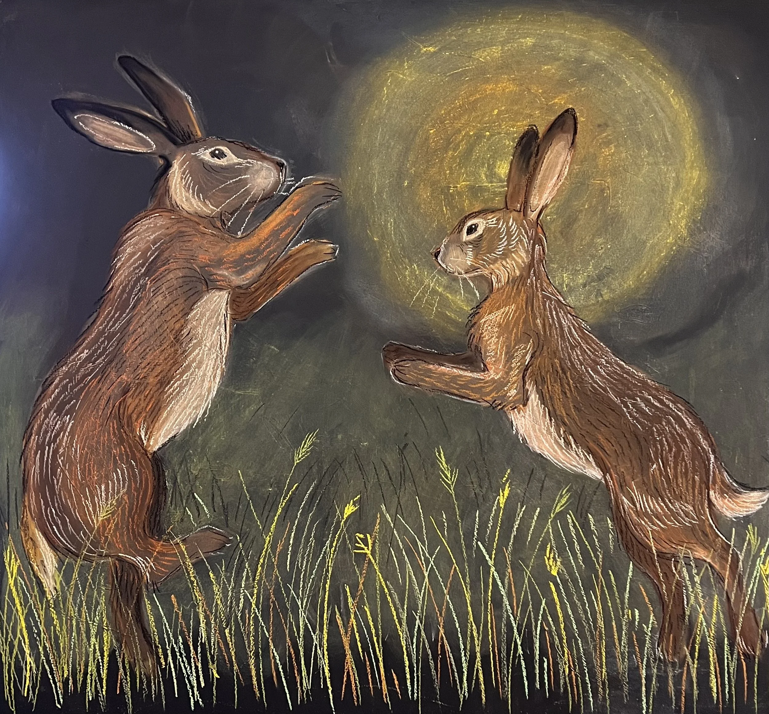 Painting of two brown hares in a grassy field at night, illuminated by a yellow moon in the background.