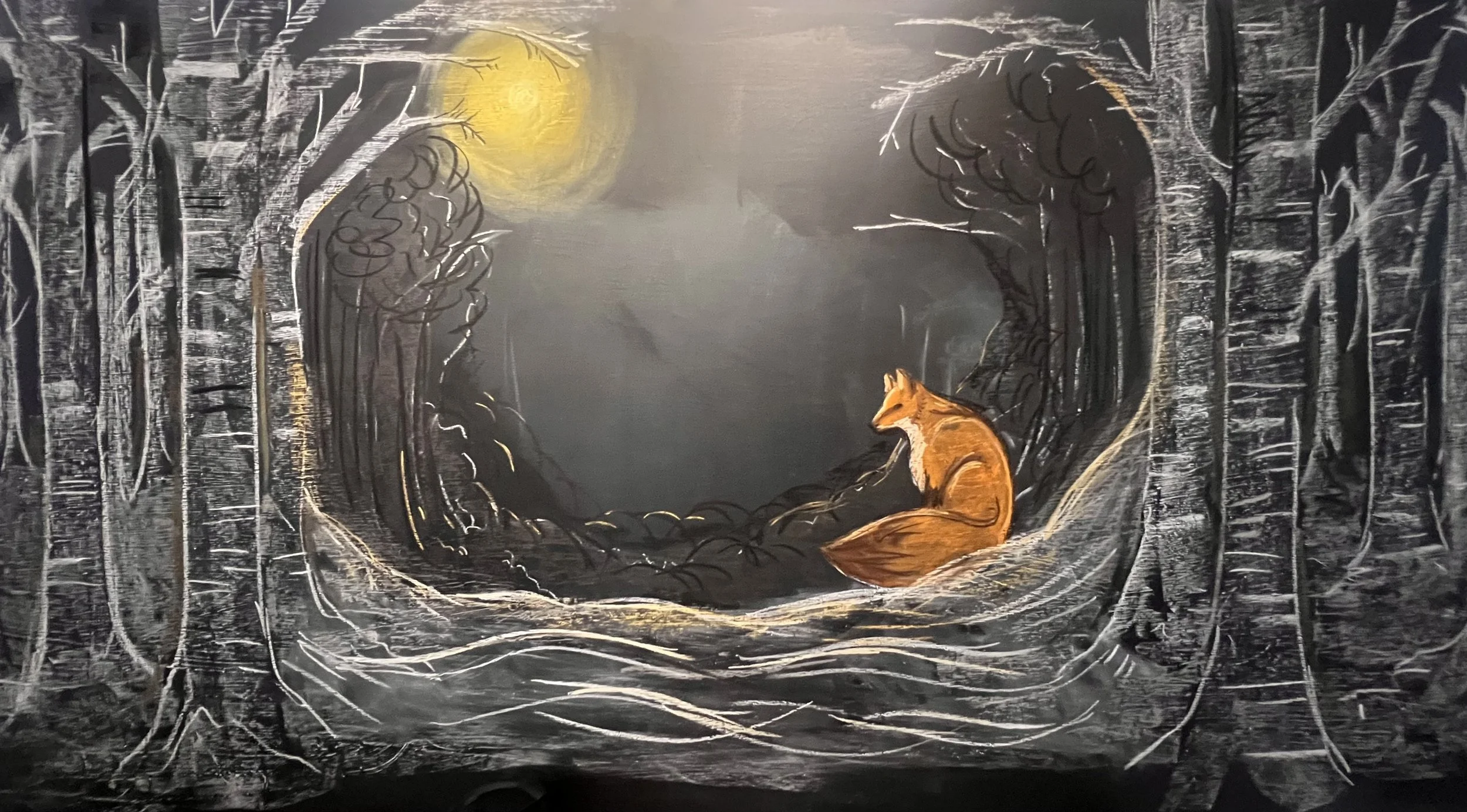 A fox sitting in a forest at night, illuminated by moonlight, with trees and a large moon in the background.