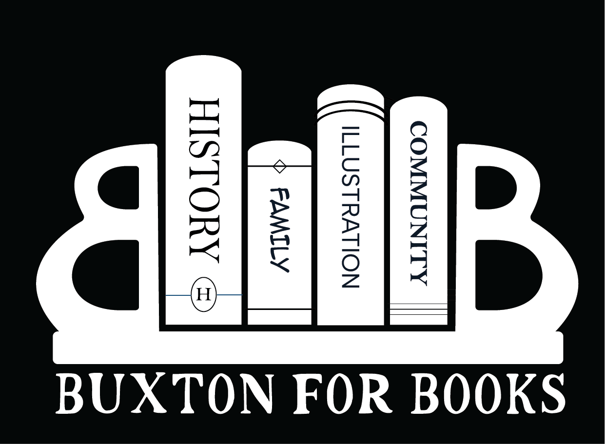 A logo of four vertically stacked books with the titles 'History,' 'Family,' 'Illustation,' and 'Communication,' framed by a blue bookshelf with the words 'Buxton for Books' at the bottom.