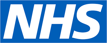 NHS logo in blue and white text.