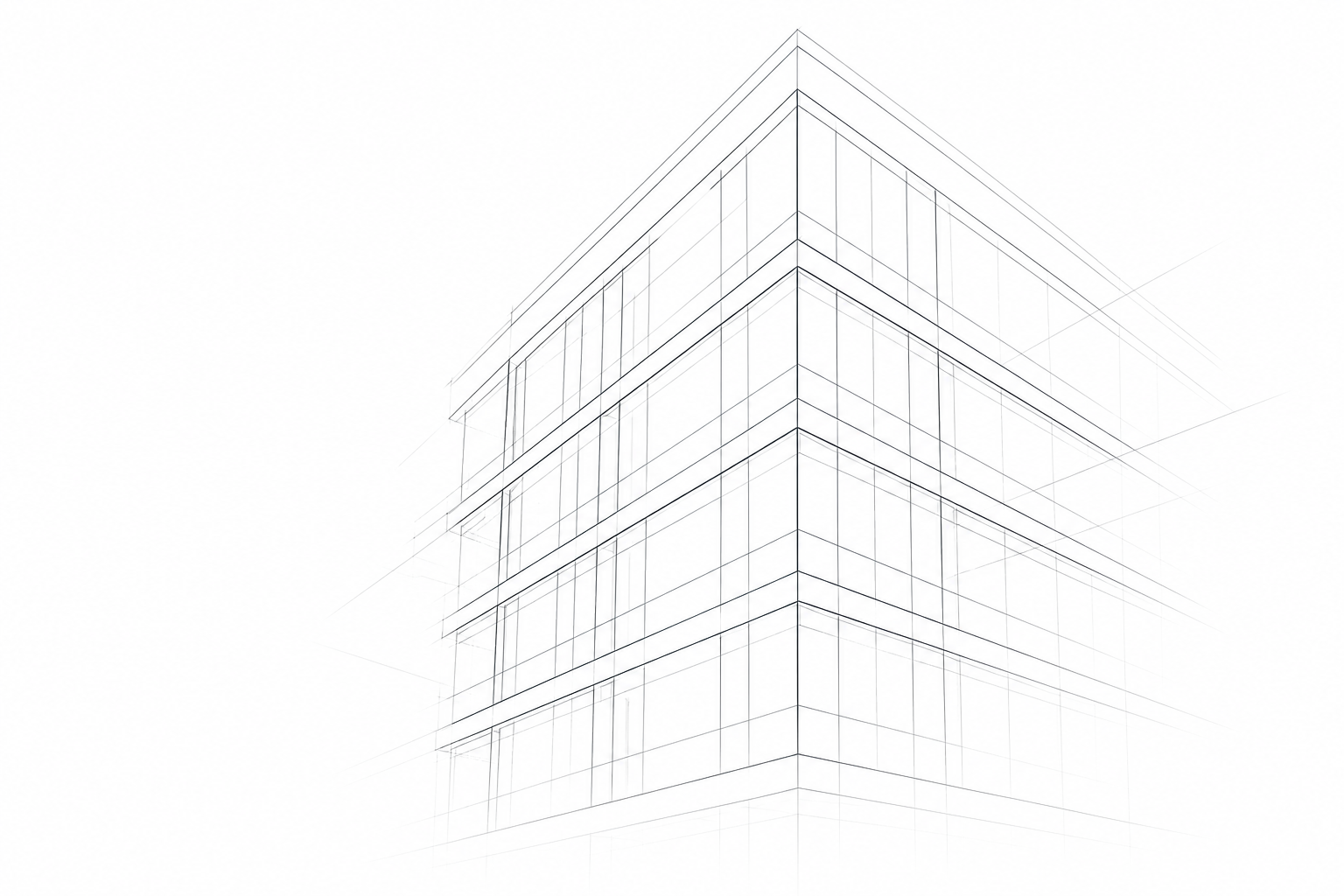 Line drawing of a modern multi-story building with large windows and a sharp corner.