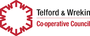 Logo of Telford & Wrekin Co-operative Council with red circular emblem and black and red text.