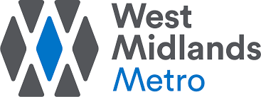 West Midlands Metro logo with gray and blue geometric design and text.