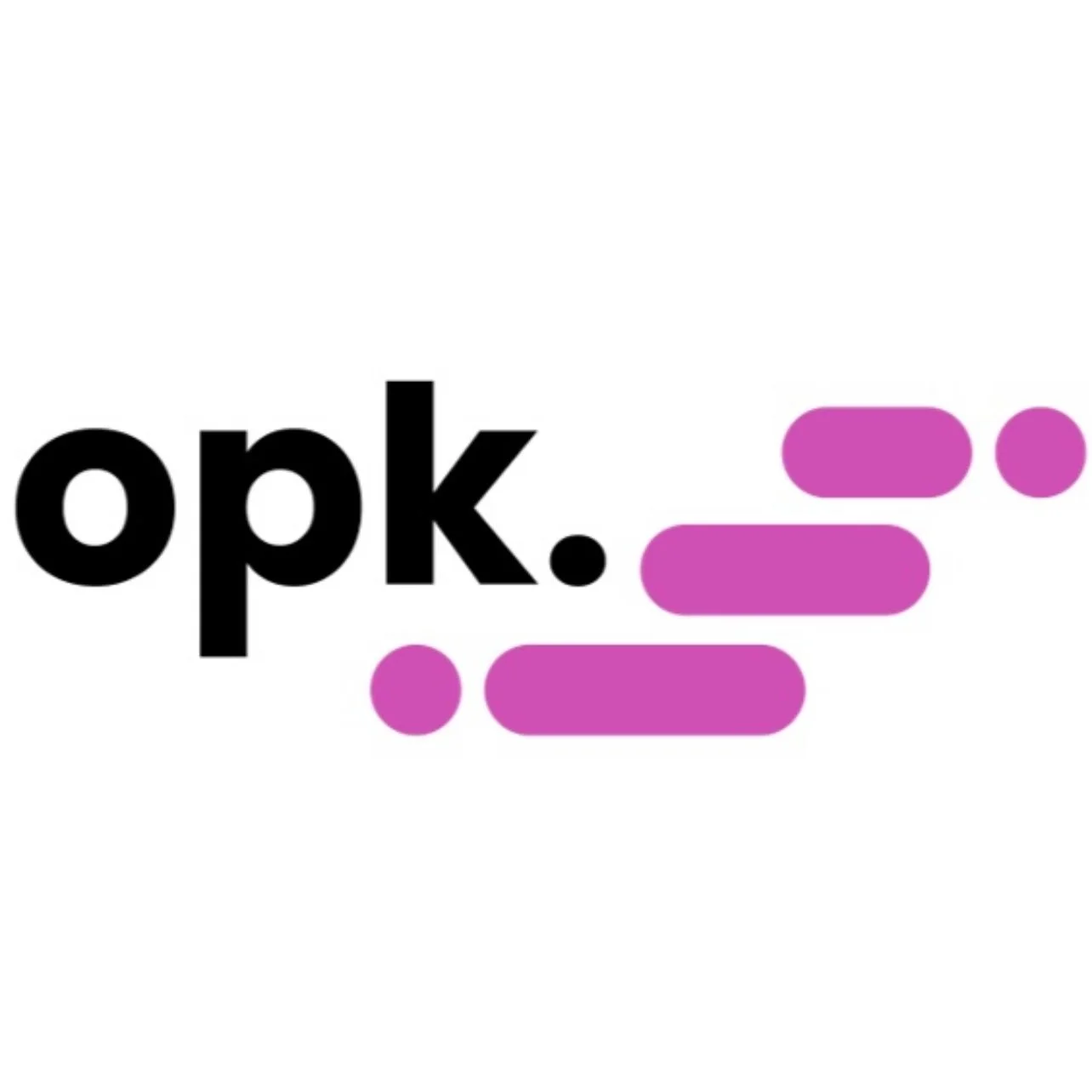 Logo with the text 'opk.' in black font, accompanied by pink and purple abstract shapes.