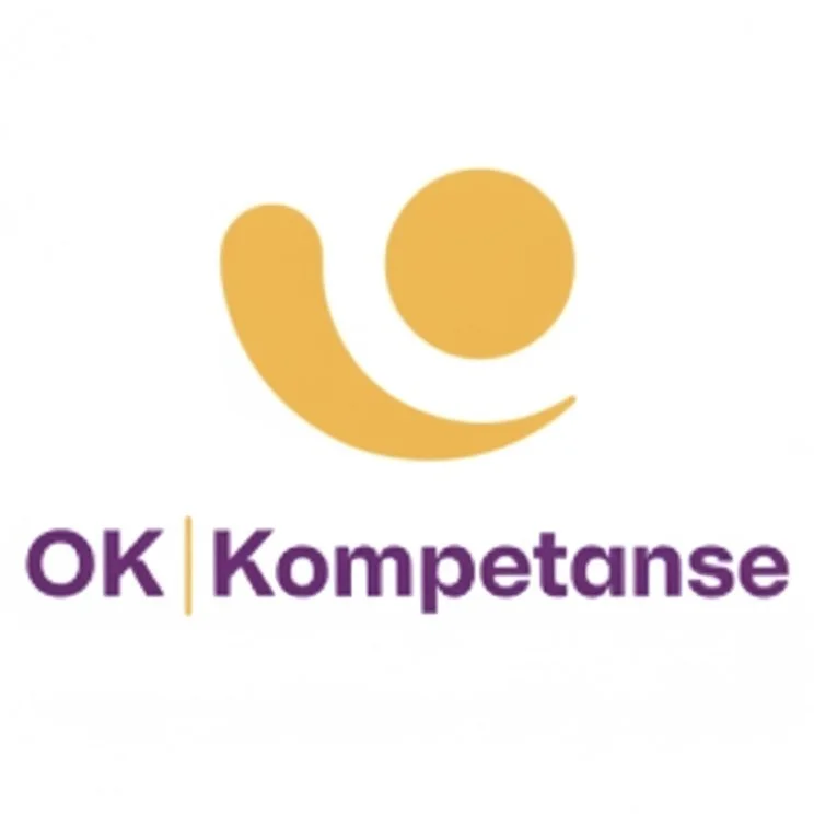 Logo with a yellow abstract human figure and purple text 'OK Kompetenz'.