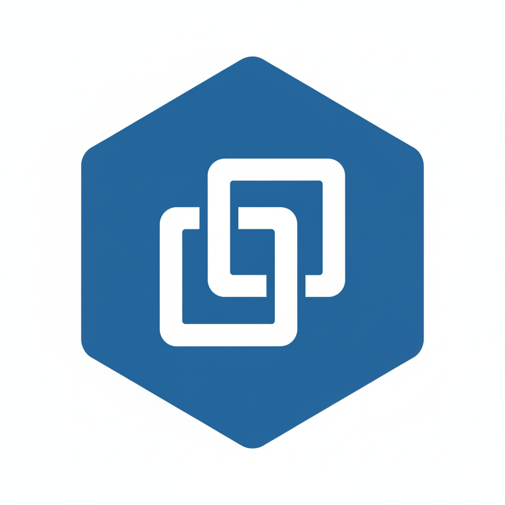Blue hexagon logo with three interconnected white squares inside.