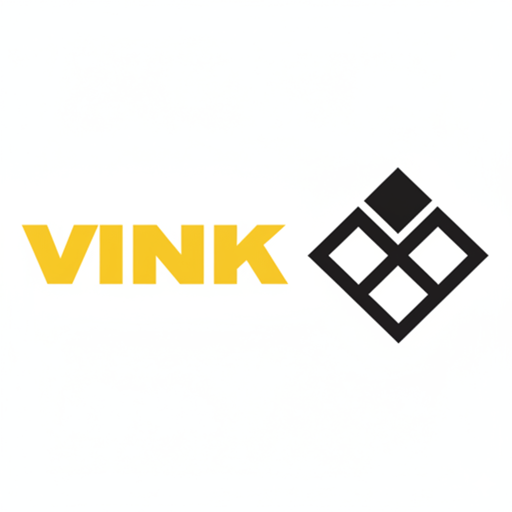 Logo med teksten 'VINK' i gult til venstre og en svart geometrisk figur til høyre