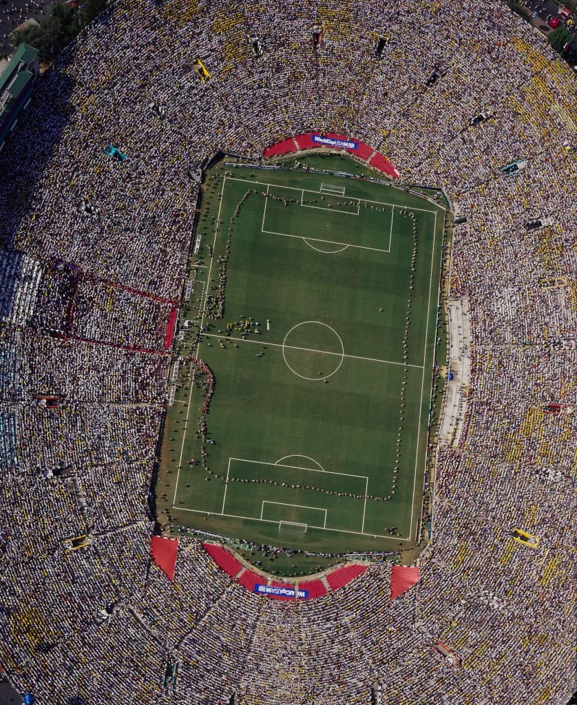Aerial view of a large soccer stadium with Official Hospitality.