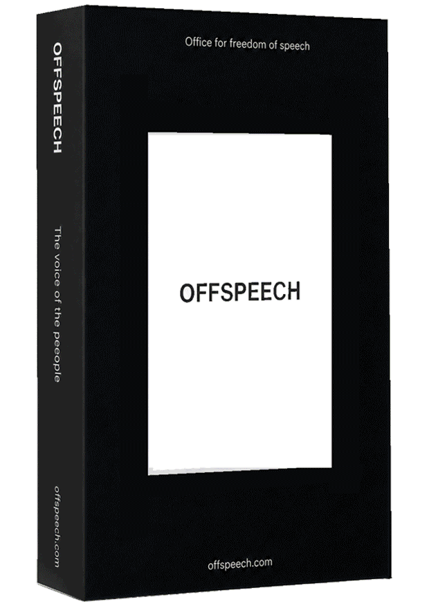 Black book or box with the word 'OFFSPEECH' in the center, and the phrase 'Office for freedom of speech' at the top along with the website 'offspeech.com' at the bottom.